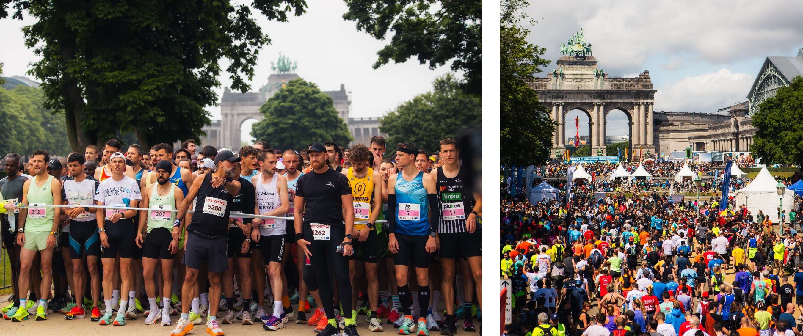 Twee beelden: groep deelnemers met startnummers klaar voor een hardloopwedstrijd; overzicht van een druk hardloopevenement aan het Jubelpark in Brussel