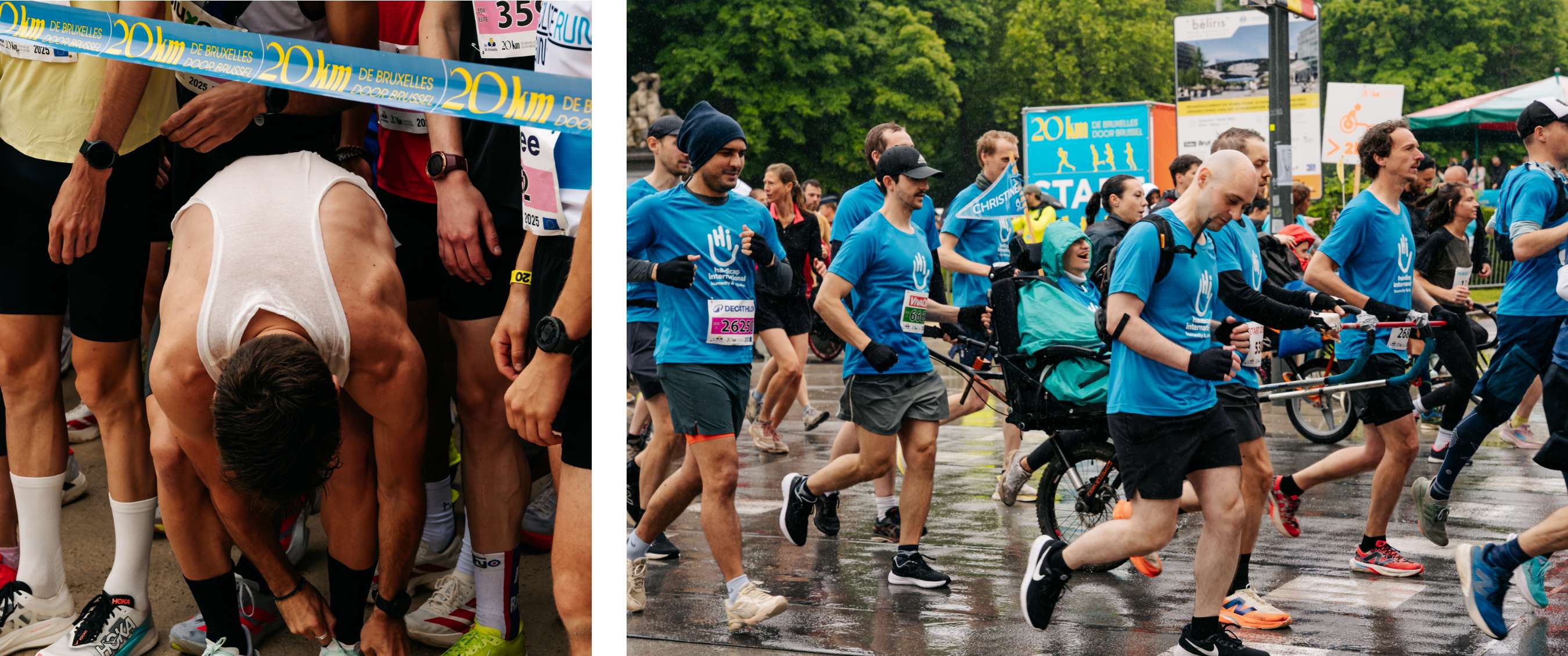Twee beelden: detail van een deelnemer die zich klaarmaakt aan de startlijn van de 20 km van Brussel; hardlopers in blauwe shirts beginnen samen aan de wedstrijd in Brussel