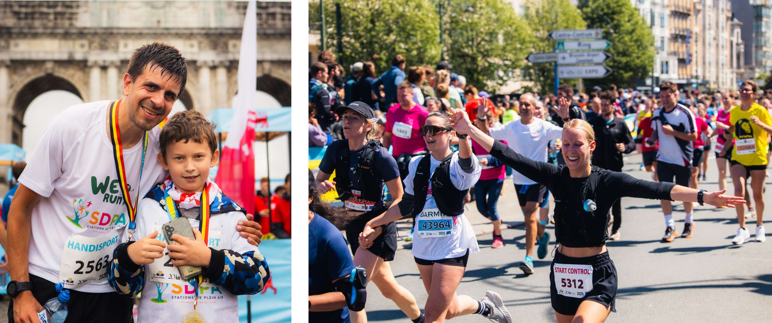 Twee beelden: volwassene en kind met medailles poseren na de 20 km van Brussel; hardlopers juichen en lopen samen over het parcours in Brussel