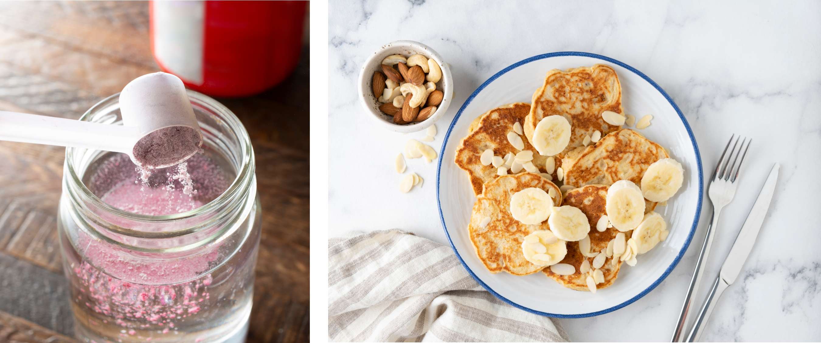 Twee beelden: supplementpoeder in water; bord met pannenkoeken, banaan en noten op tafel