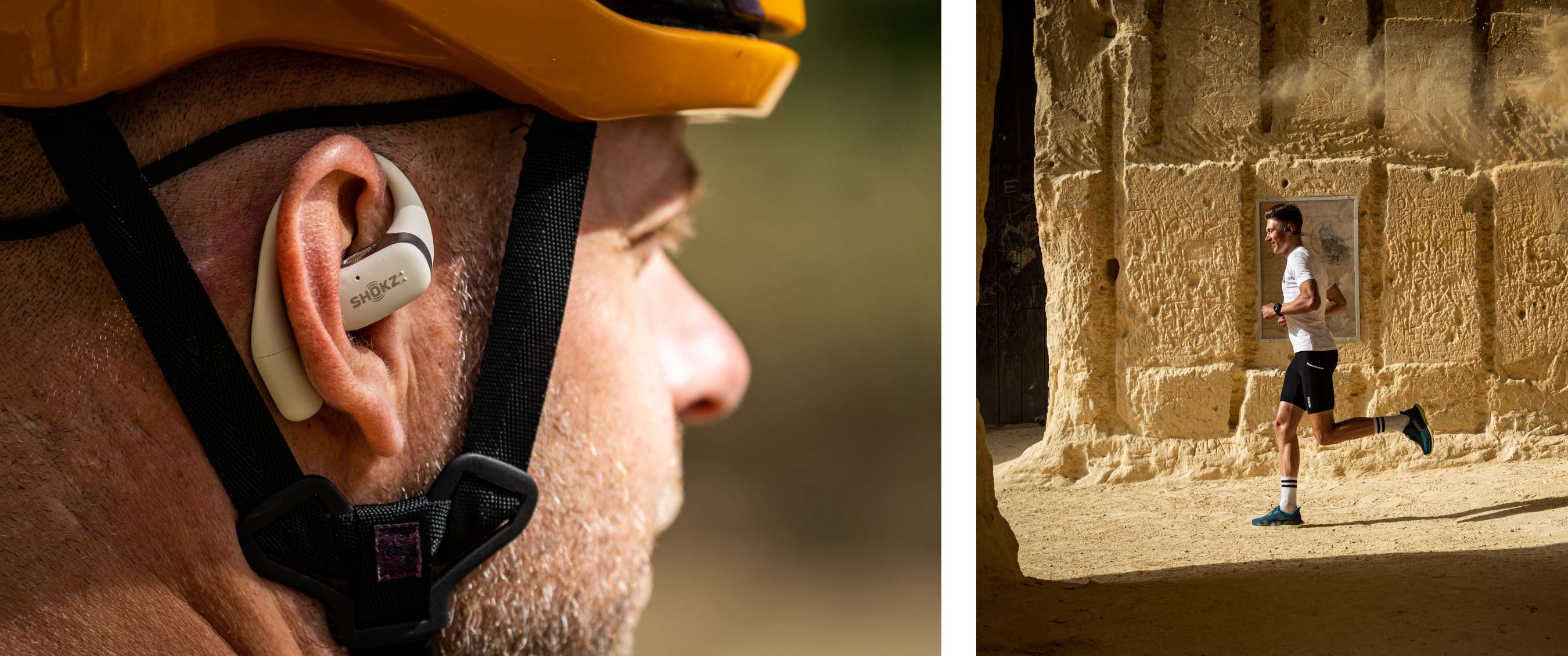 Twee beelden: close-up van een fietser met gele helm en beige open-ear headset; hardloper in zonlicht langs een zandkleurige rotswand.