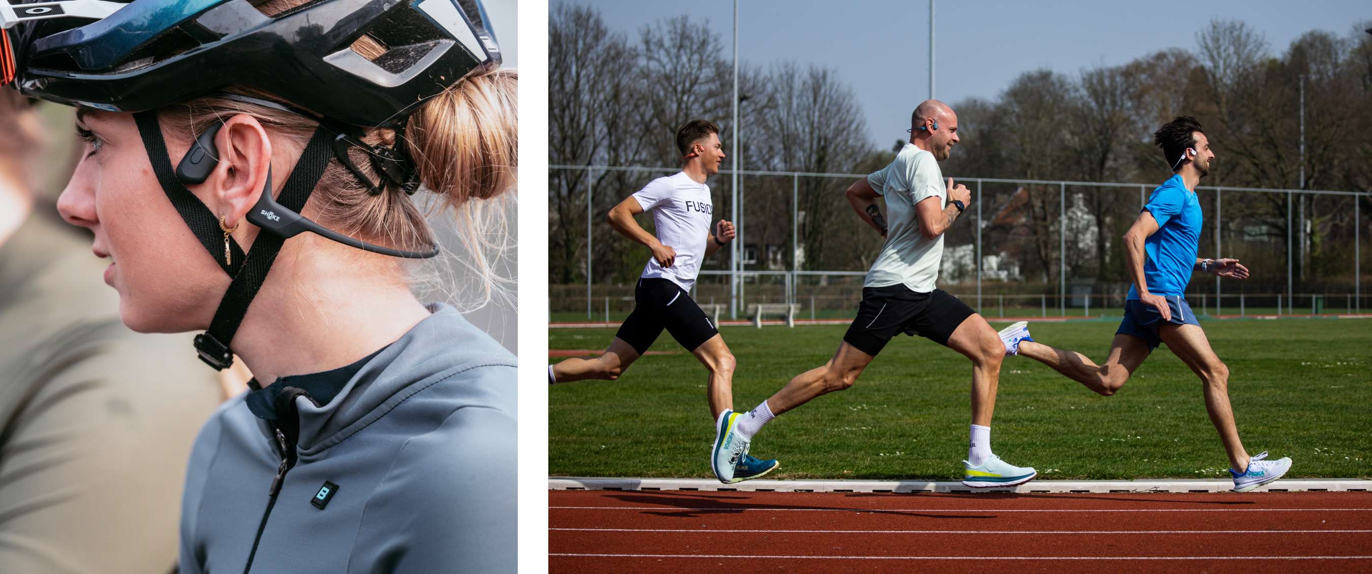 Twee beelden: een close-up van een fietser met helm en open-ear headset; drie lopers rennen op een atletiekpiste buiten.