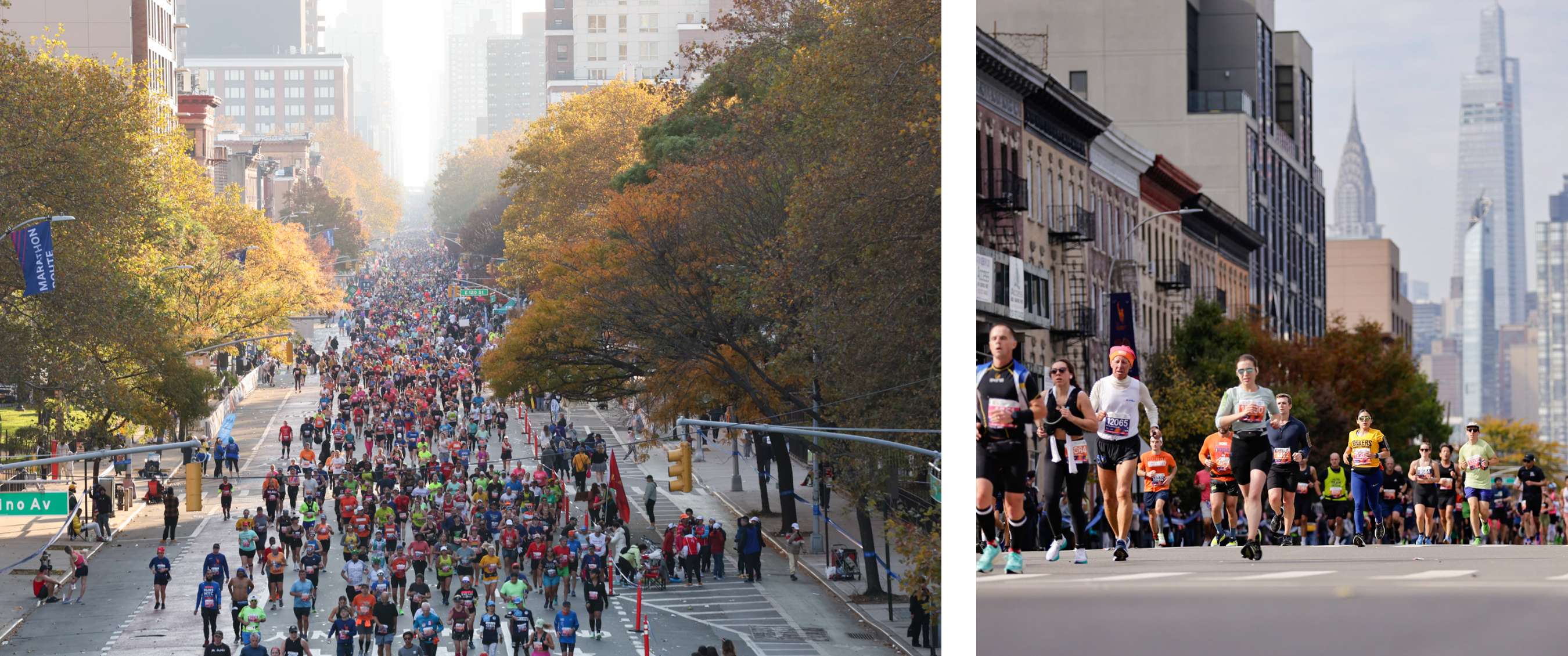 Deux images : grande foule de marathoniens sur une large avenue bordée d’arbres en automne et de bâtiments urbains ; des coureurs traversent une ville avec des immeubles élevés en arrière-plan