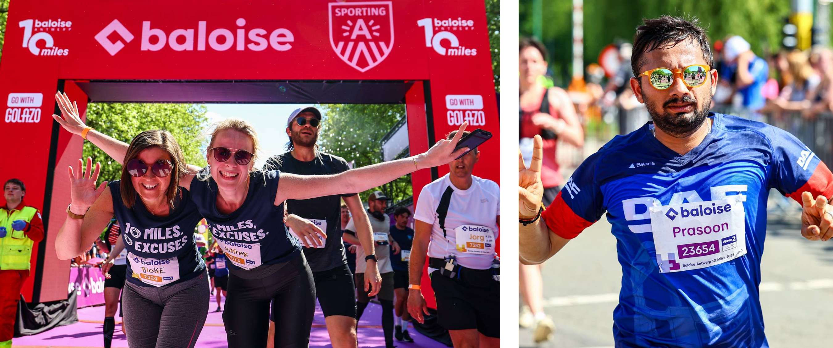 Twee beelden: Finish onder rode boog met “baloise 10 miles”; loper in blauw shirt met zichtbaar startnummer.