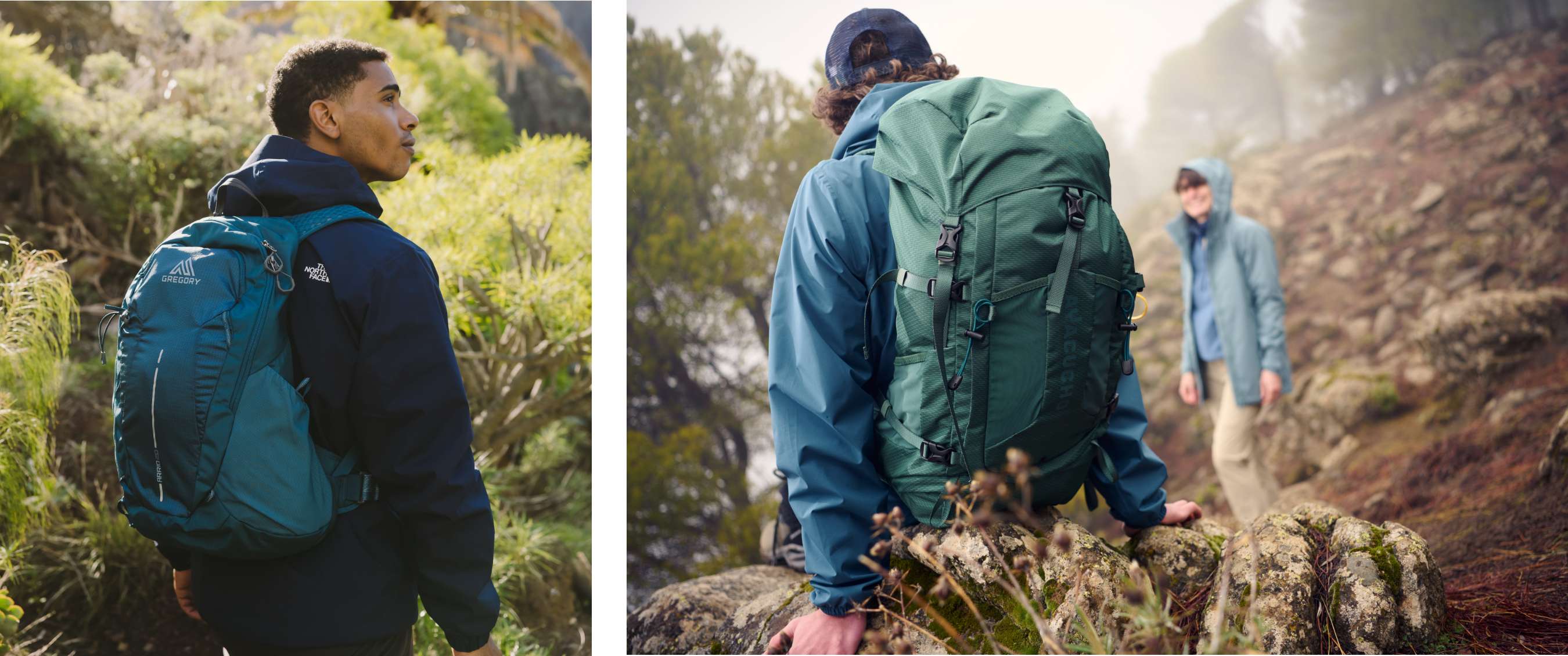 Deux images : randonneur portant un sac à dos bleu sur un sentier de montagne ; personne avec sac vert assise sur des rochers dans la brume.