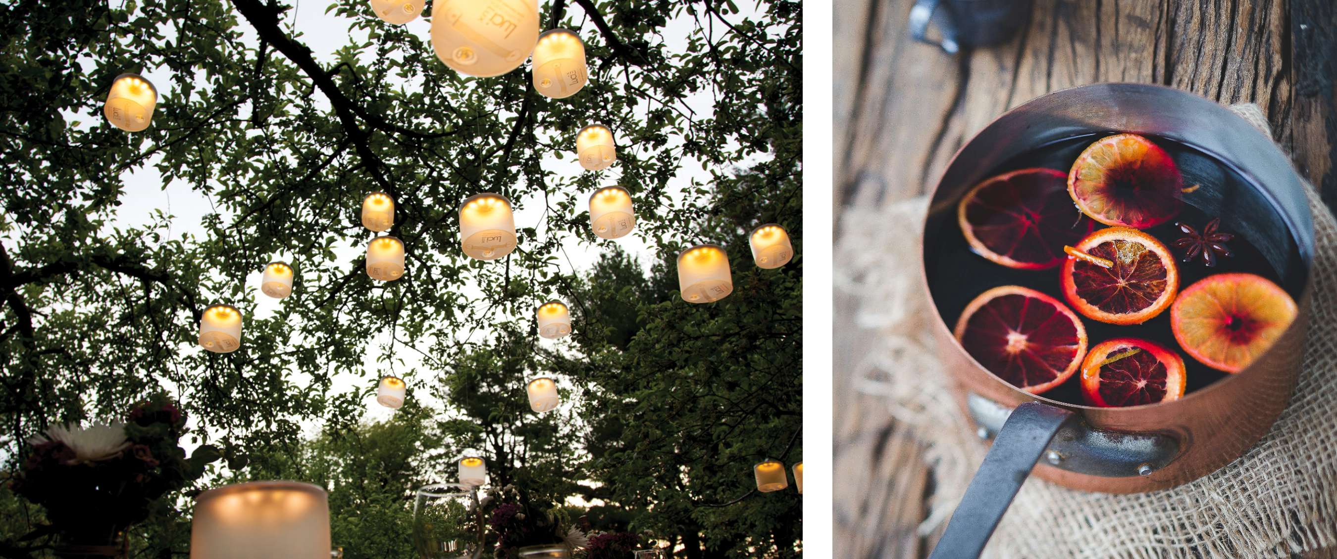Deux images : bocaux lumineux suspendus au-dessus d’une fête en plein air ; boisson chaude hivernale avec fruits d’agrumes dans une marmite.