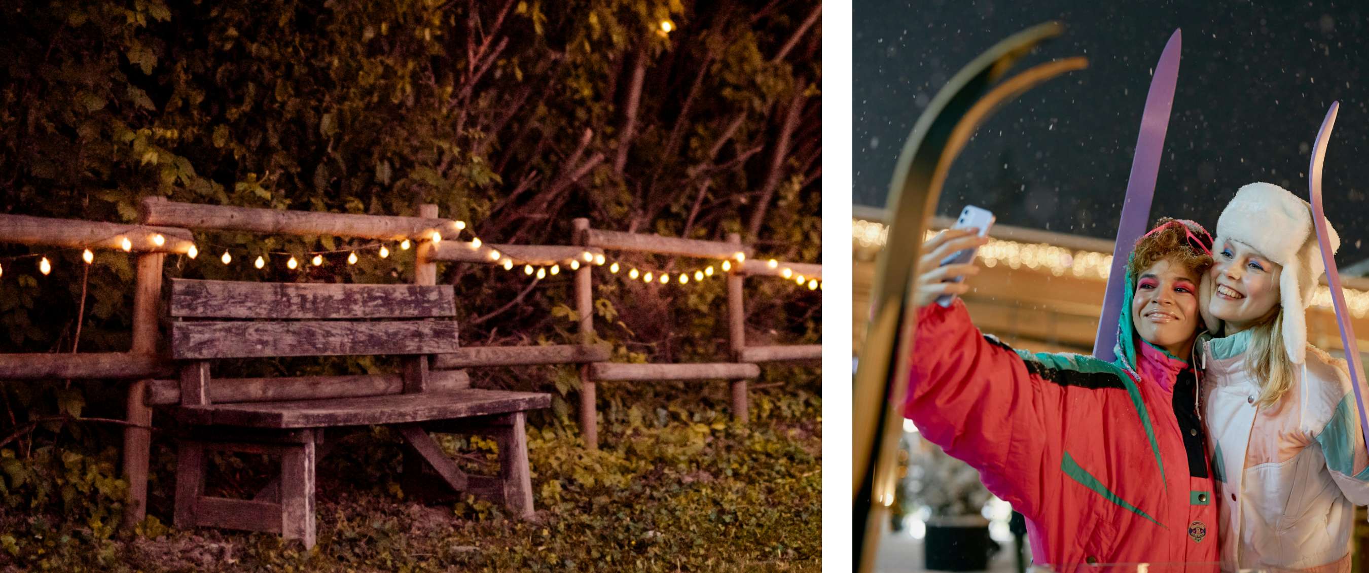 Deux images : atmosphère hivernale en soirée avec des lumières décoratives ; deux amis souriants prenant un selfie lors d’un événement d’hiver.