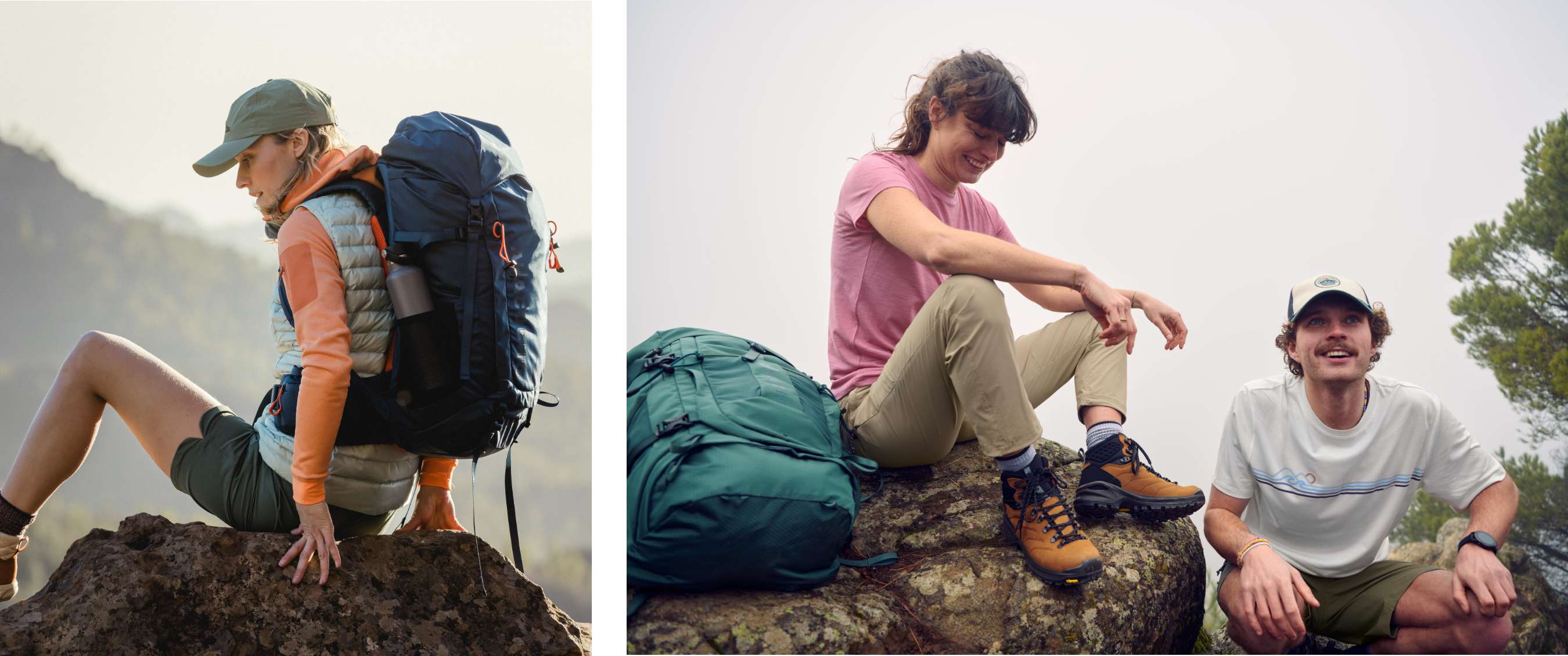 Deux images : femme avec sac à dos bleu assise sur un rocher ; deux randonneurs se reposent près d’un sac à dos vert sur des rochers