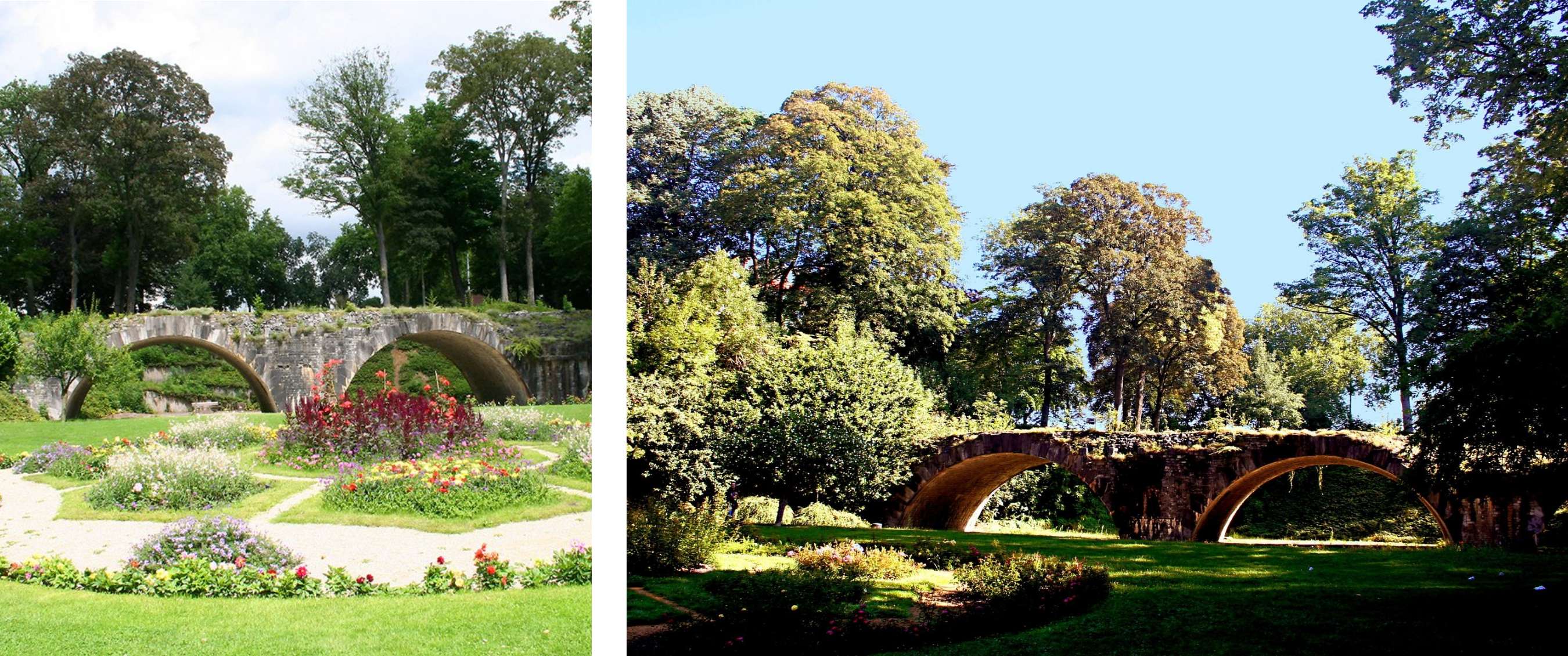 Deux images : Jardin fleuri avec allées et pont en pierre dans un parc à Namur ; pont historique entre les arbres.