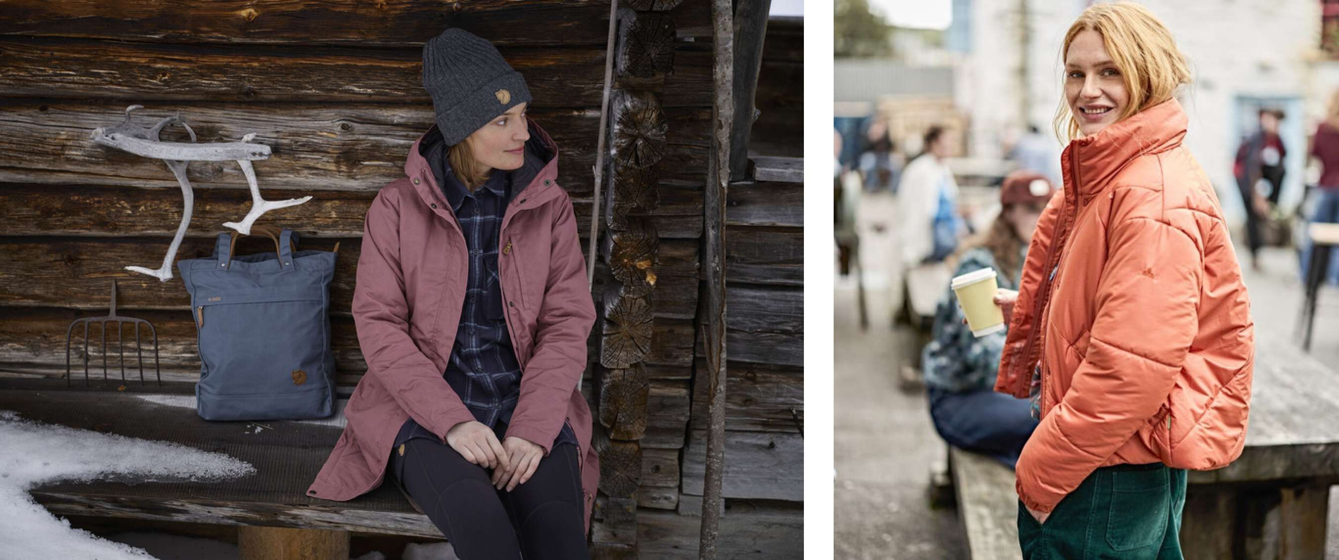 Twee beelden: Vrouw draagt roze winterjas en muts bij houten hut; Vrouw draagt oranje winterjas en staat buiten met koffiebeker.