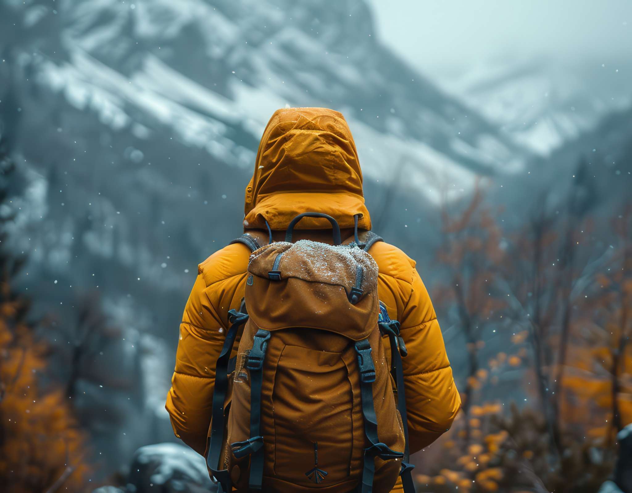 Persoon in oranje winterjas met rugzak staat met de rug naar de camera in een bergachtig landschap met sneeuw.