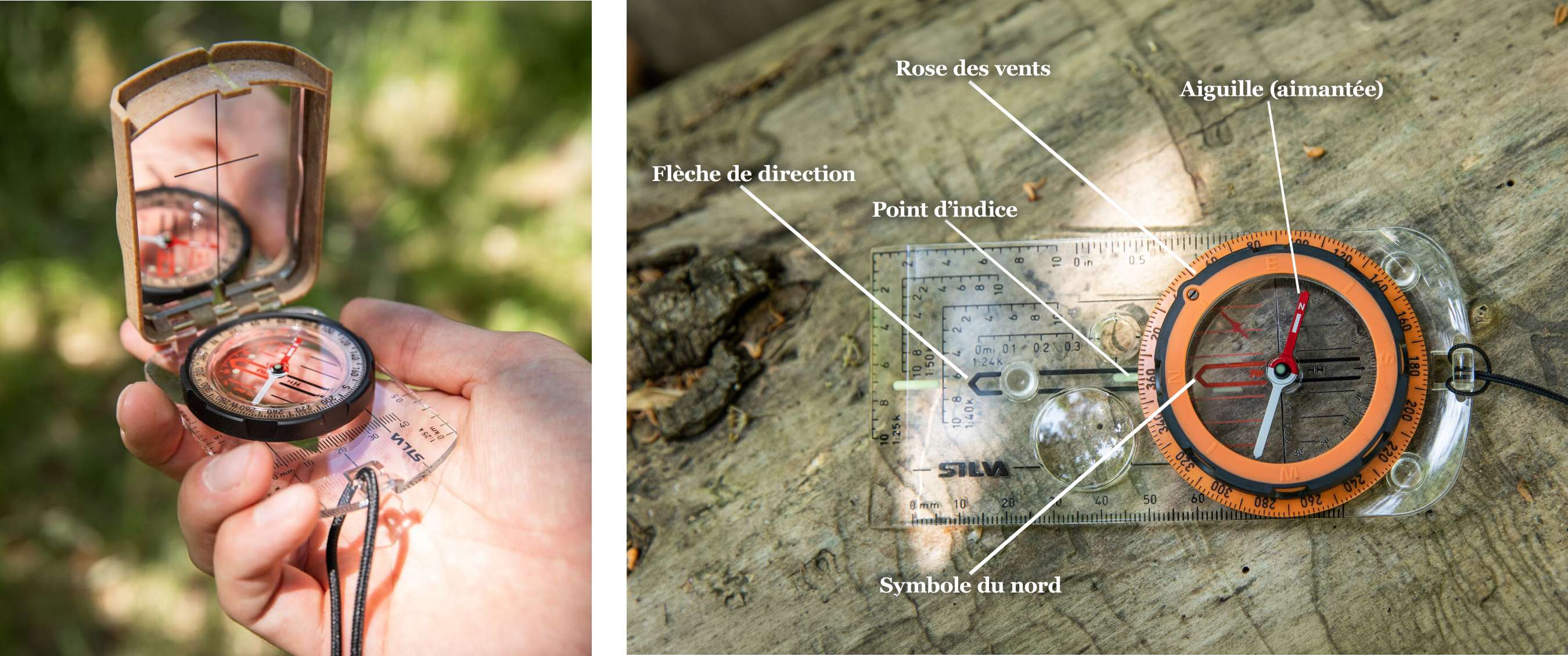 Deux images : boussole ouverte dans une main sur fond vert ; boussole tenue avec des montagnes en arrière-plan.
