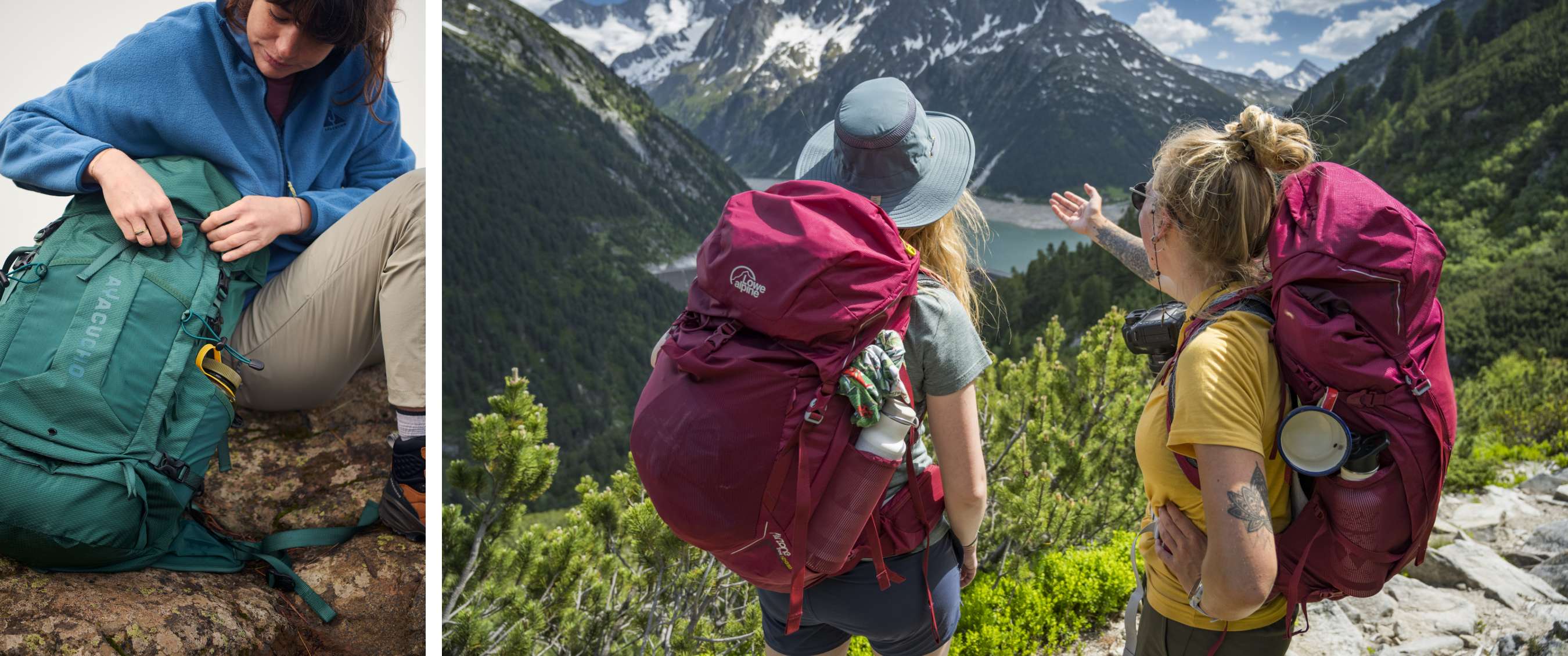 Twee wandelaars met grote rugzakken kijken uit over een bergmeer en besneeuwde bergtoppen.