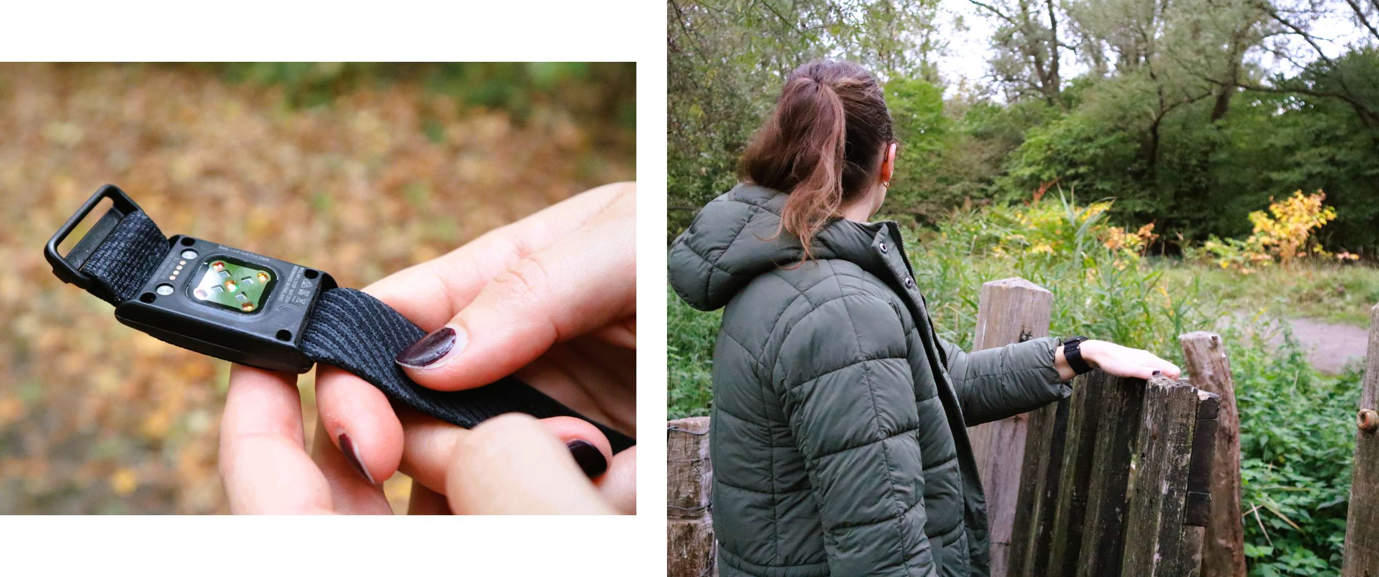 Twee beelden: Catoo houdt de zwarte Polar Loop-activiteitsarmband vast met zicht op de sensor en draagt hem daarna tijdens een wandeling in een groen natuurgebied.