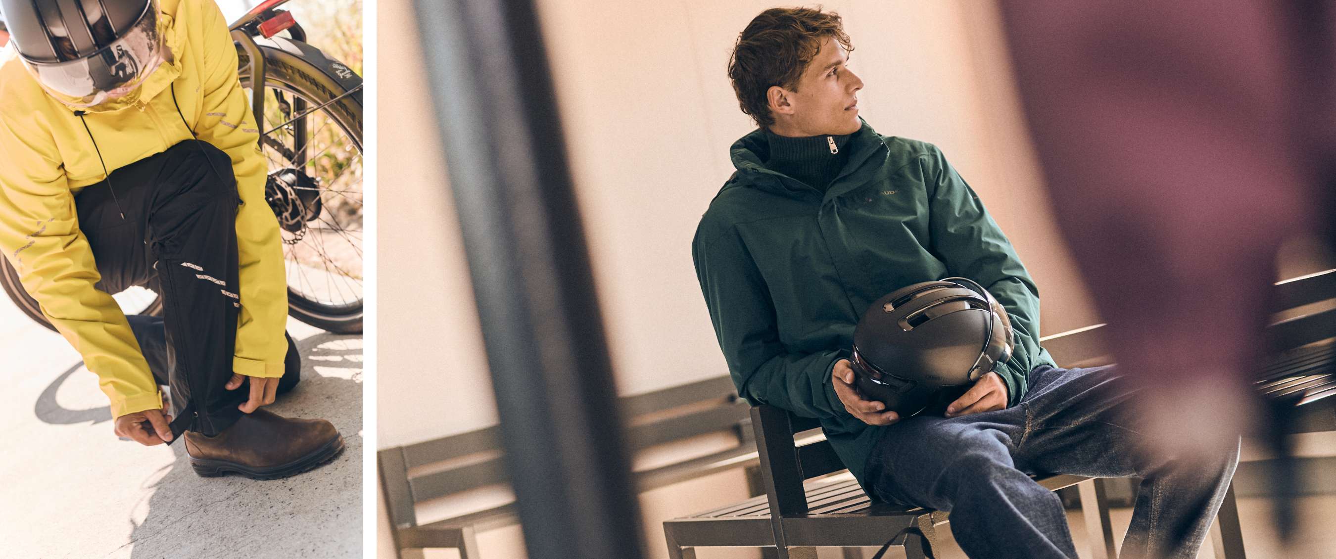 Personne en veste imperméable verte assise sur un banc avec un casque de vélo noir sur les genoux.