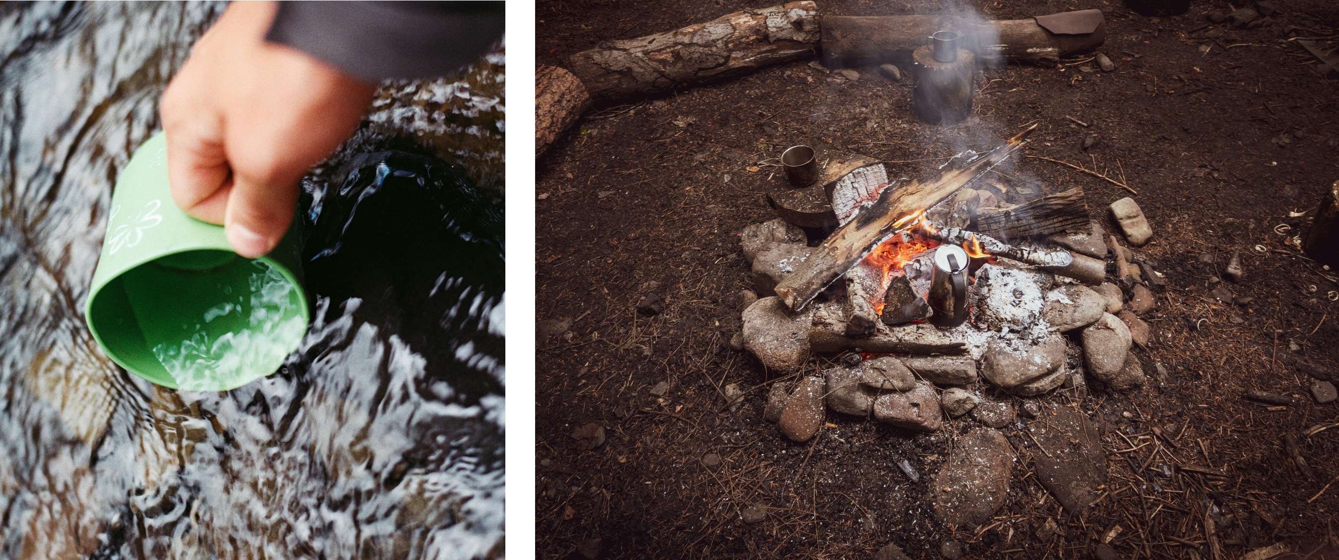 Deux images : eau prélevée dans un ruisseau peu profond ; feu ouvert sur sol forestier avec bois brûlé, cendres et pot métallique.