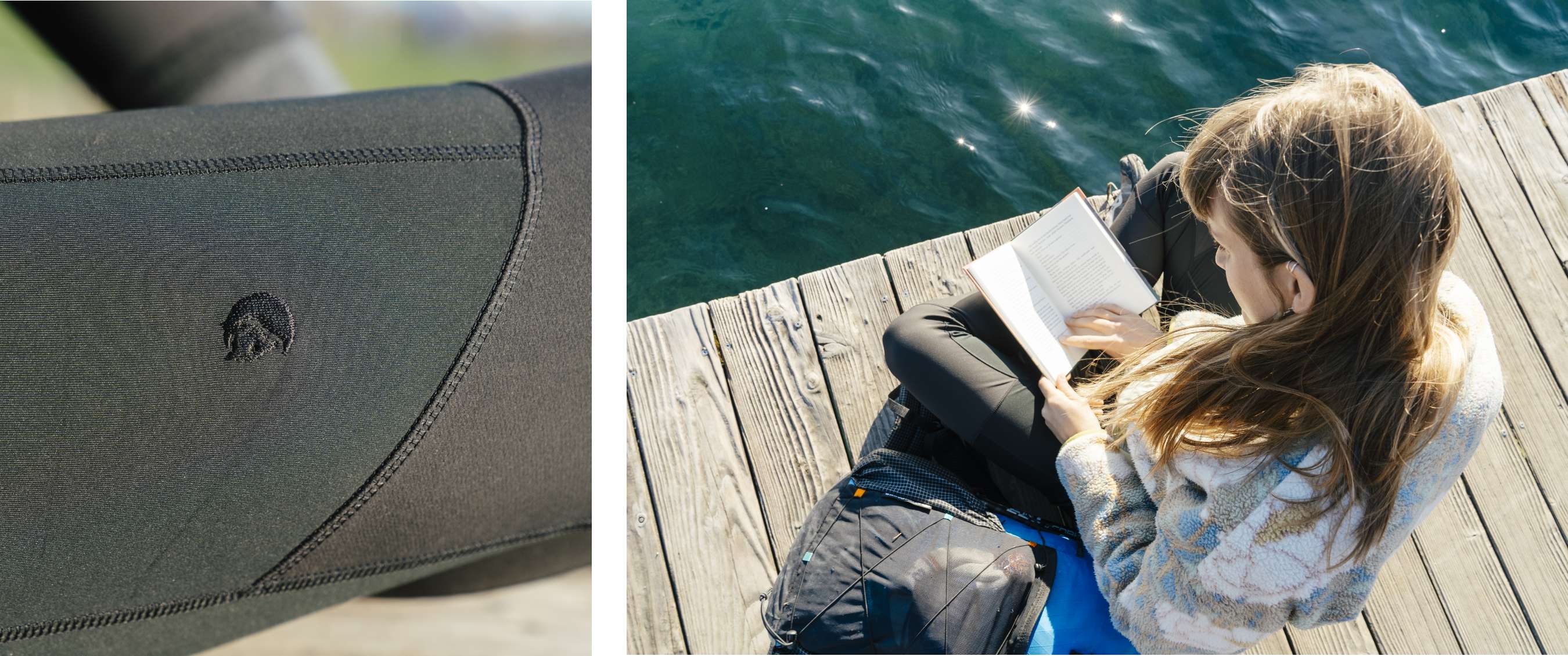 Twee beelden: close-up van zwarte legging met logo; vrouw leest op een houten steiger naast het water