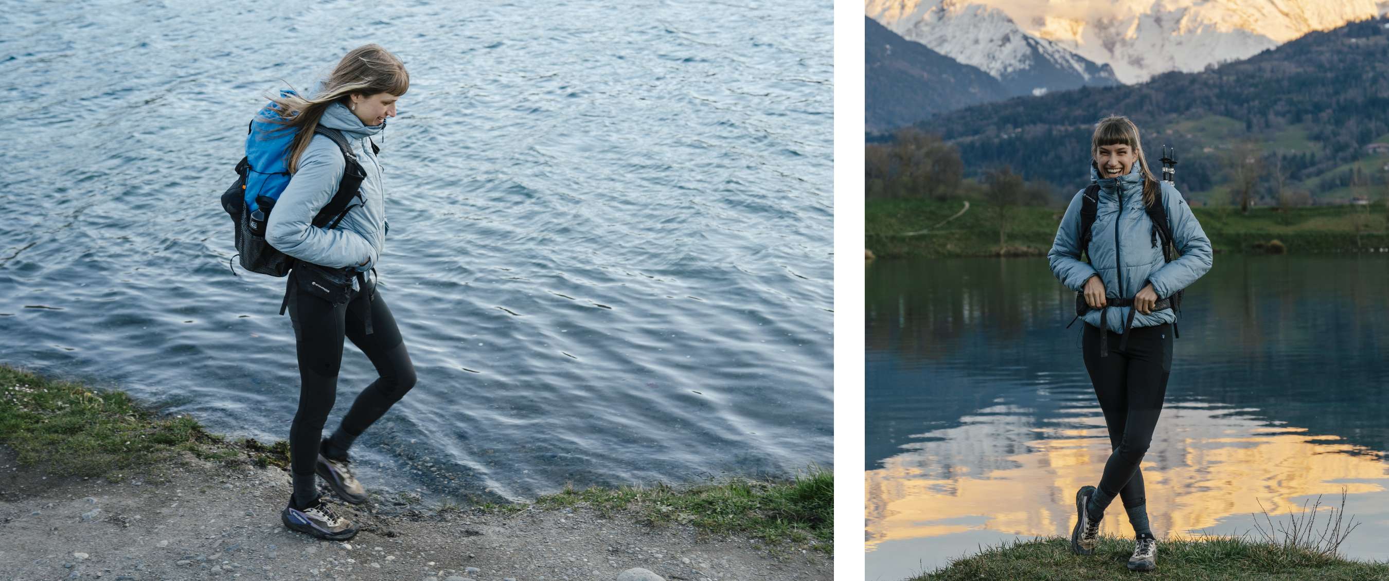 Twee beelden: wandelaar aan de oever van een meer; vrouw poseert bij het water met besneeuwde bergen achter haar