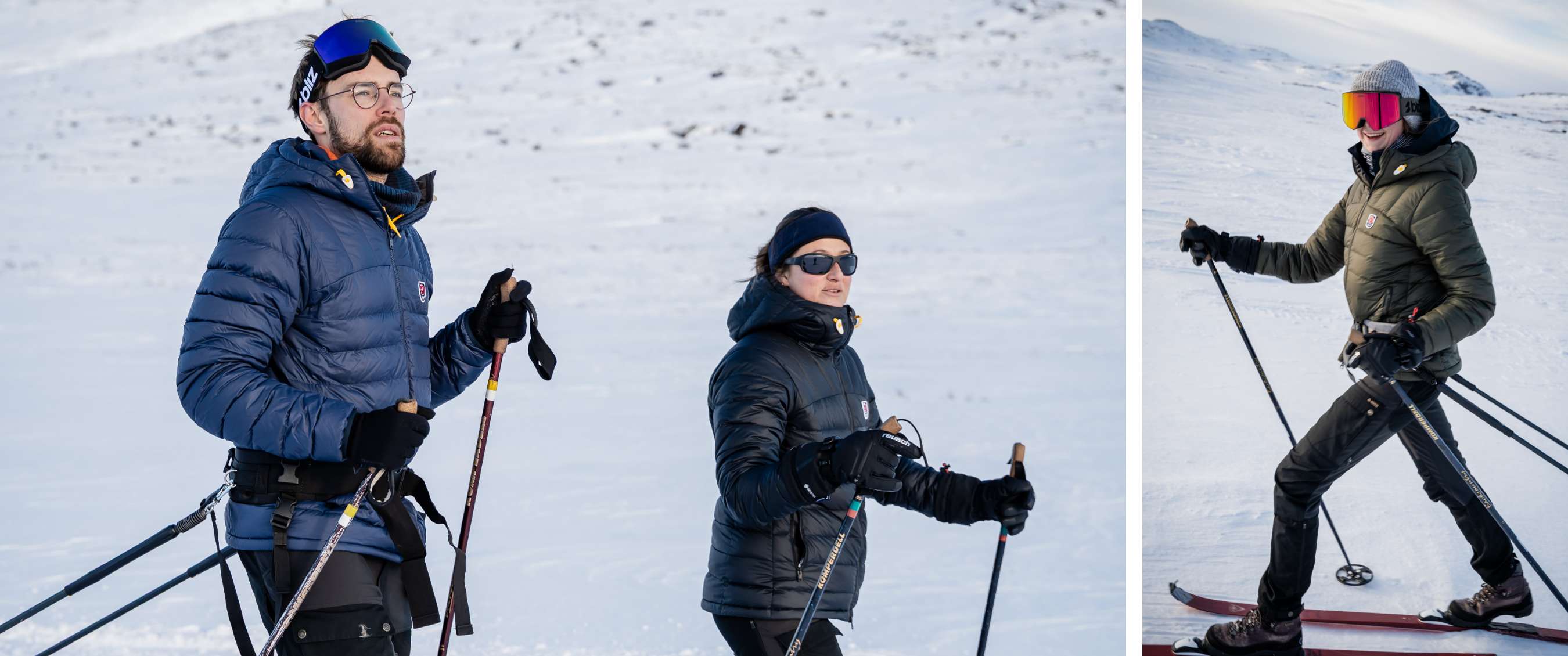 Deux images : un homme et une femme avec des bâtons dans la neige ; un skieur de fond en veste verte et masque.