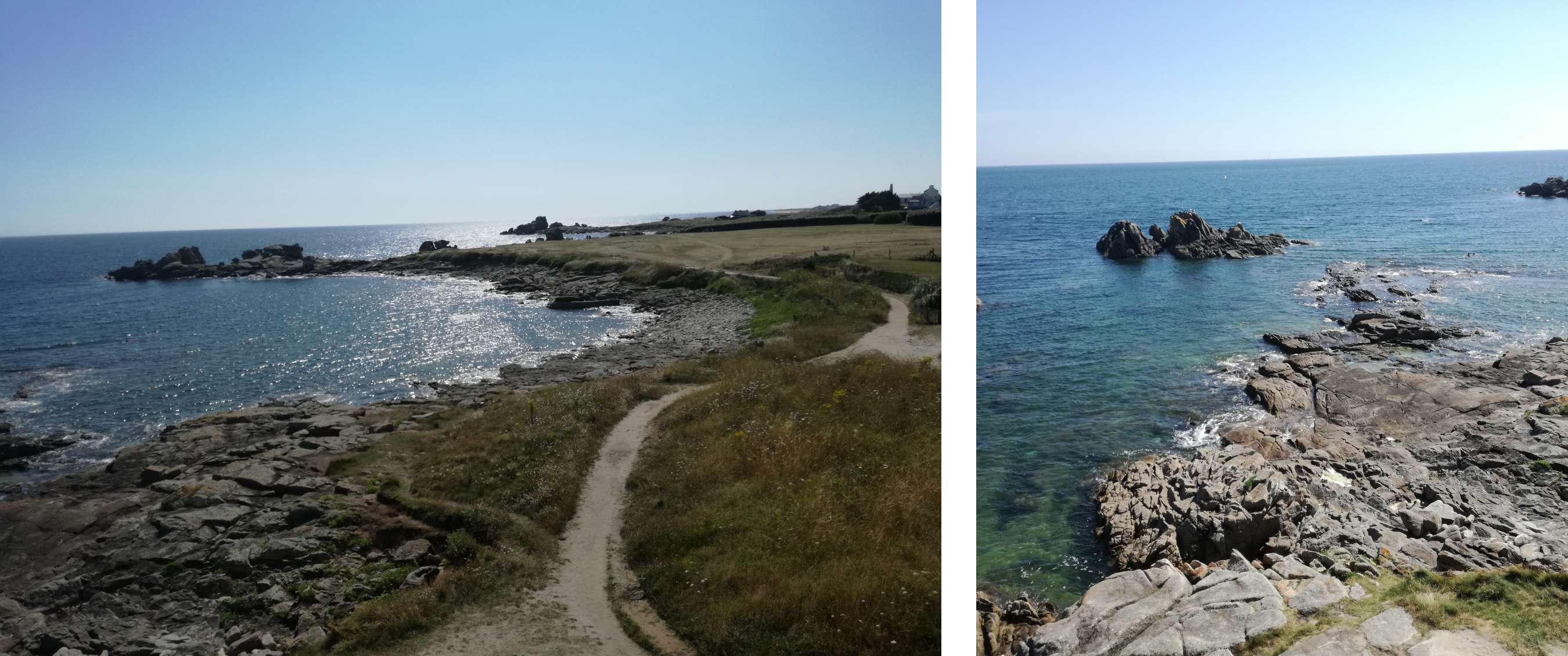 Deux images : sentier sinueux le long d’une côte rocheuse avec la mer ; rochers dans une mer bleue claire.