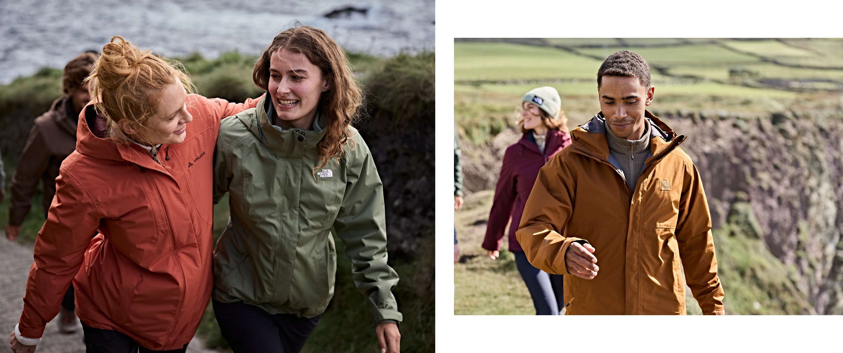Twee beelden: twee vriendinnen lachen tijdens een wandeling langs de kust; man wandelt met vrienden over een pad met groene heuvels op de achtergrond.