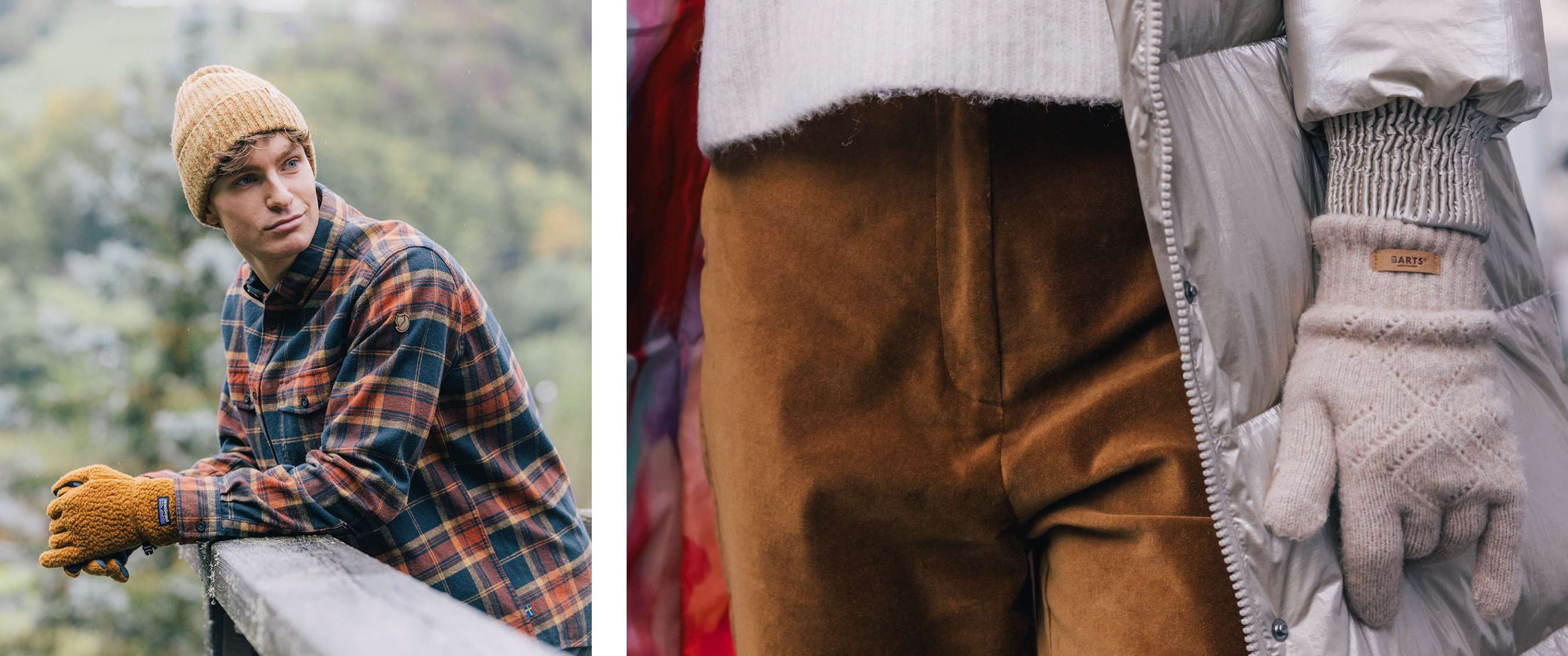 Twee beelden: man in geruite hemd met muts leunt op houten reling; close-up van beige handschoenen met label “BARTS”.