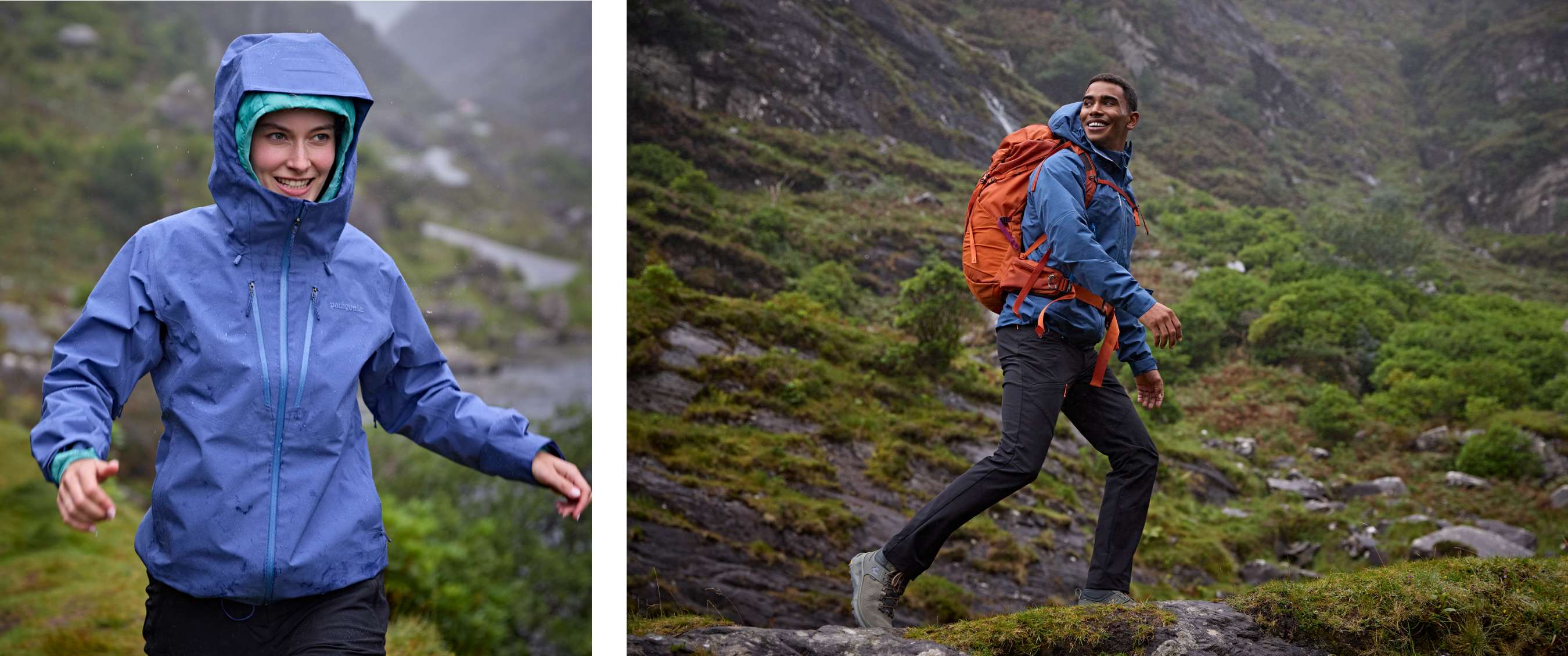 Deux images : une femme en veste imperméable bleue souriant pendant une randonnée sous la pluie ; un homme avec sac à dos orange marchant sur un sentier rocheux.
