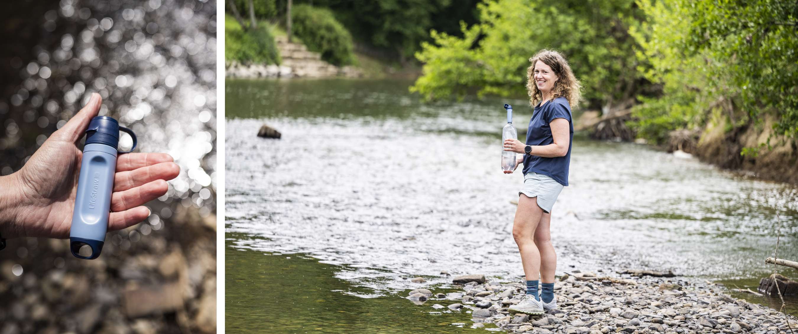 Deux personnes utilisent un filtre à eau et une poche bleue près d’un ruisseau rocheux.