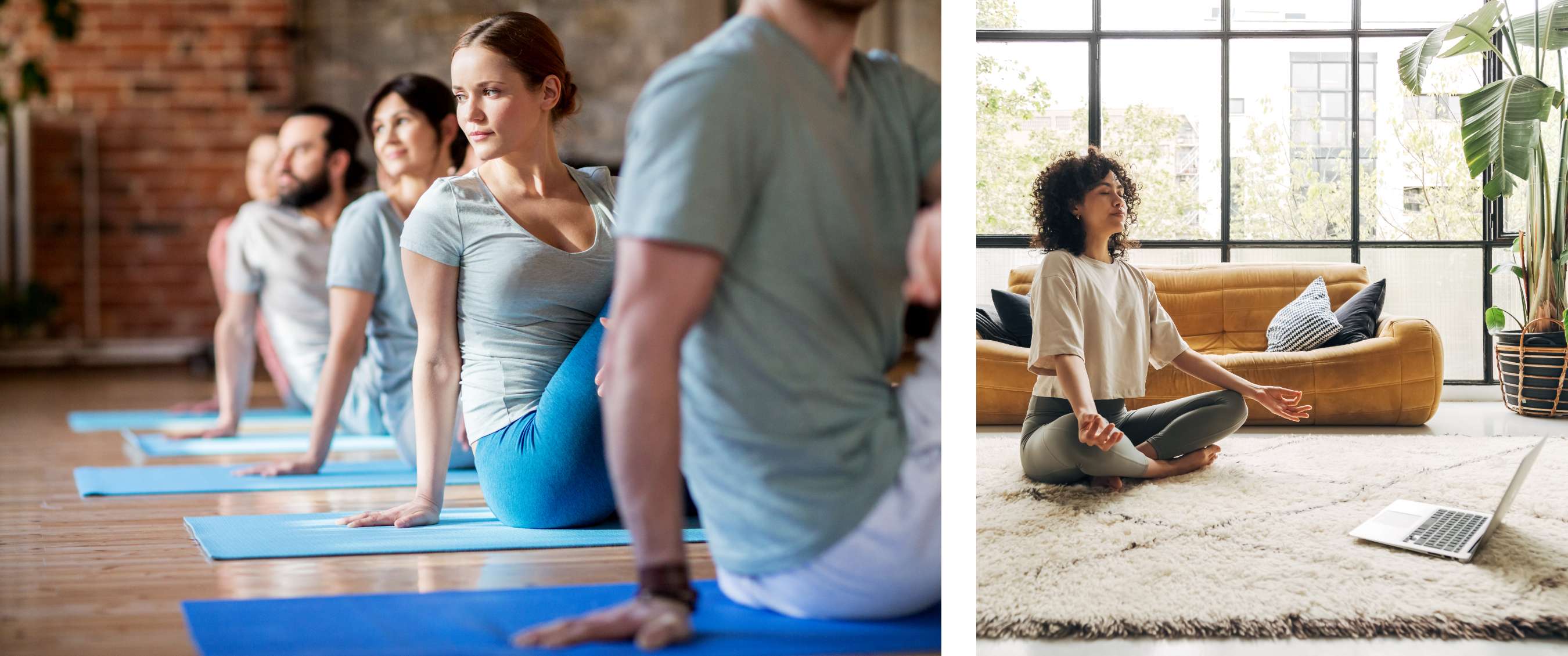 Deux images : groupe de yoga s’exerçant dans une salle au parquet ; femme pratiquant un moment calme de yoga ou de méditation à la maison pour une séance en ligne.