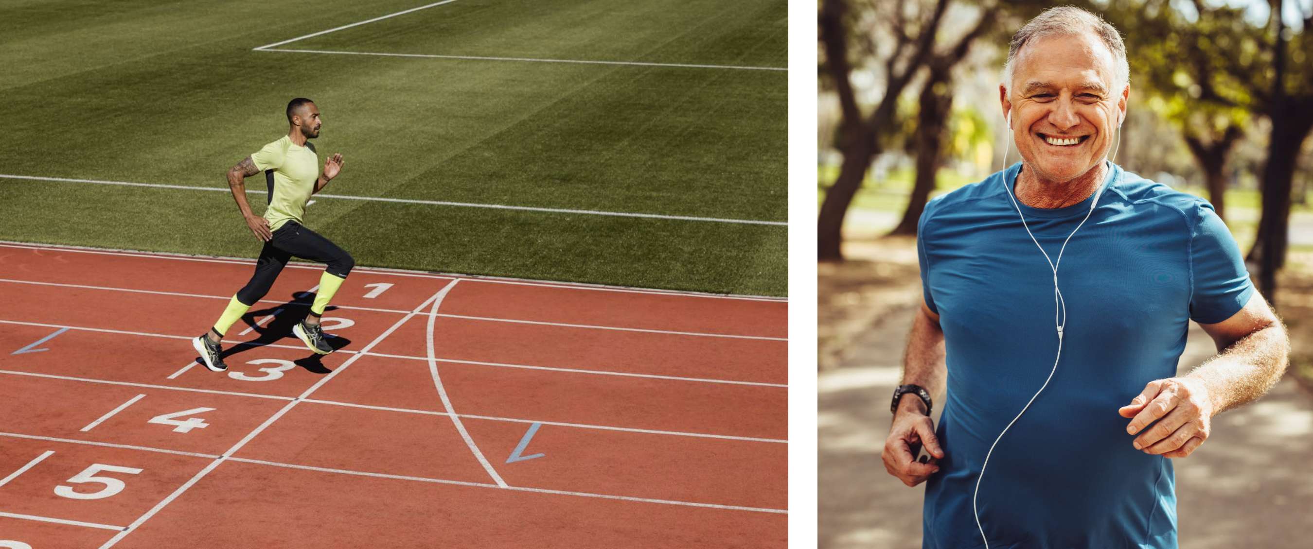 Twee beelden: Man sprint op atletiekbaan met baanmarkeringen; oudere man loopt in park met oortjes.
