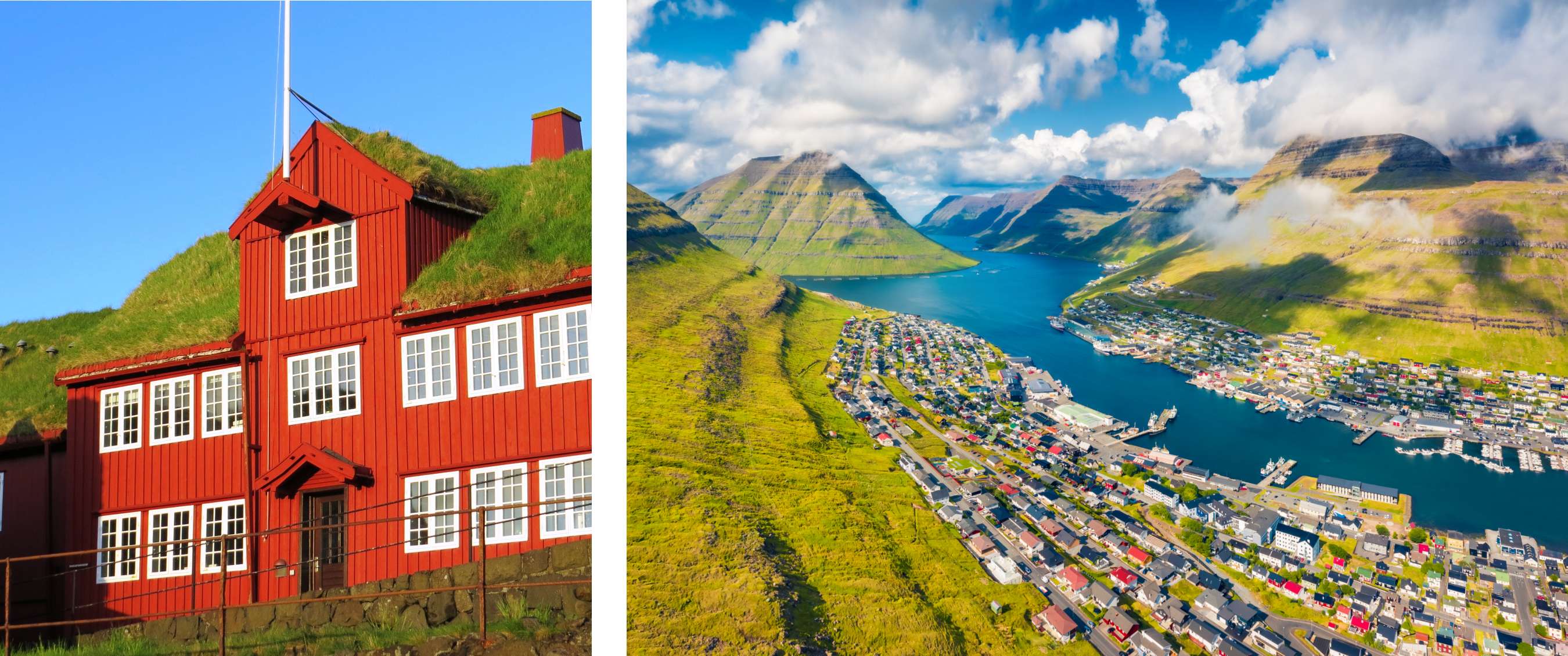 Deux images : maison en bois rouge avec toiture végétalisée ; localité colorée le long d’un fjord escarpé.