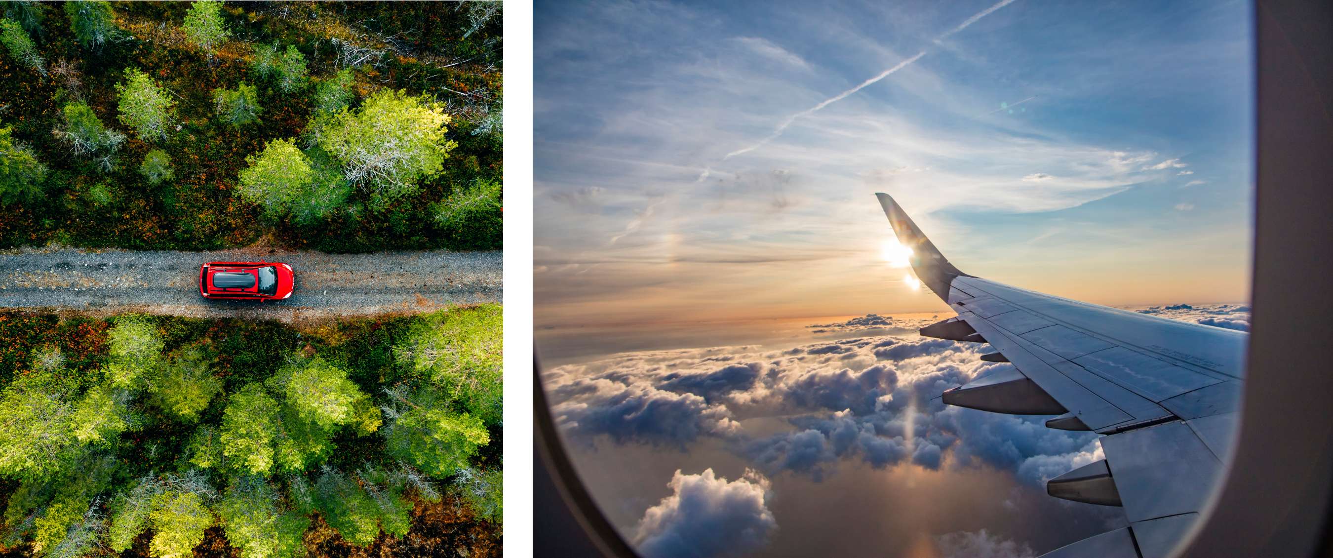 Twee beelden: rode auto op een smalle weg door een groen bos vanuit vogelperspectief; vliegtuigvleugel boven wolken bij laagstaande zon