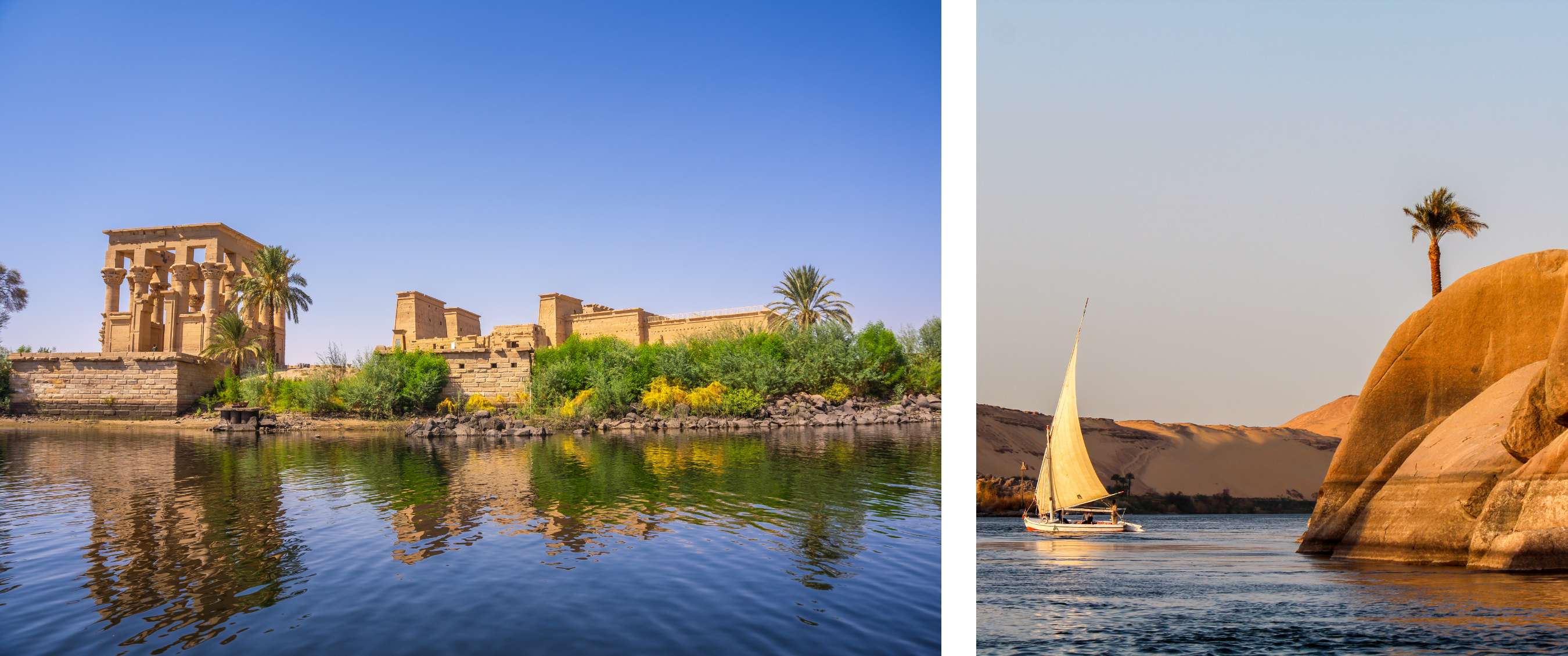 Deux images : Complexe de temples de style égyptien le long d’un fleuve calme ; petit voilier sur le Nil près de formations rocheuses et d’un palmier.