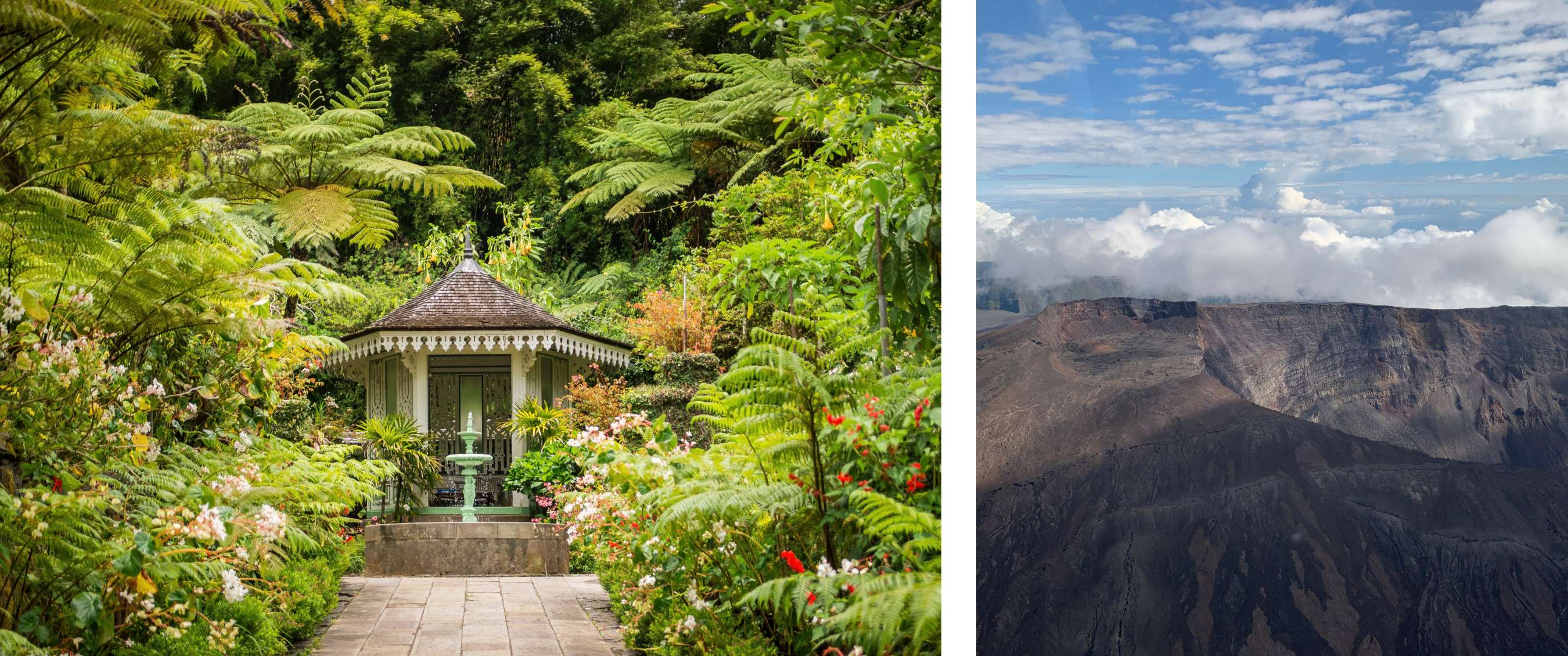 Deux images : Pavillon élégant dans un jardin tropical luxuriant avec fougères et fleurs ; paysage montagneux avec pentes abruptes et nuages au-dessus de la crête.