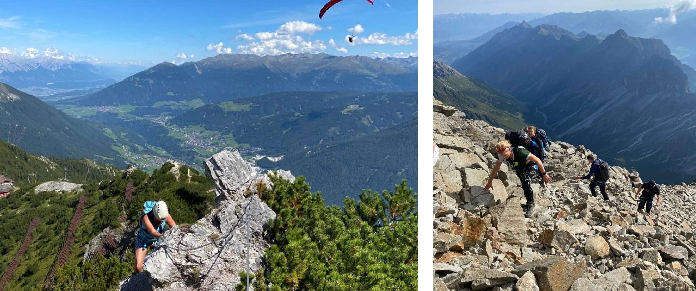 Twee beelden: klimmer met helm op rotsachtige bergkam met uitzicht over dal; groep wandelaars die een steile puinhelling beklimt in alpien terrein.