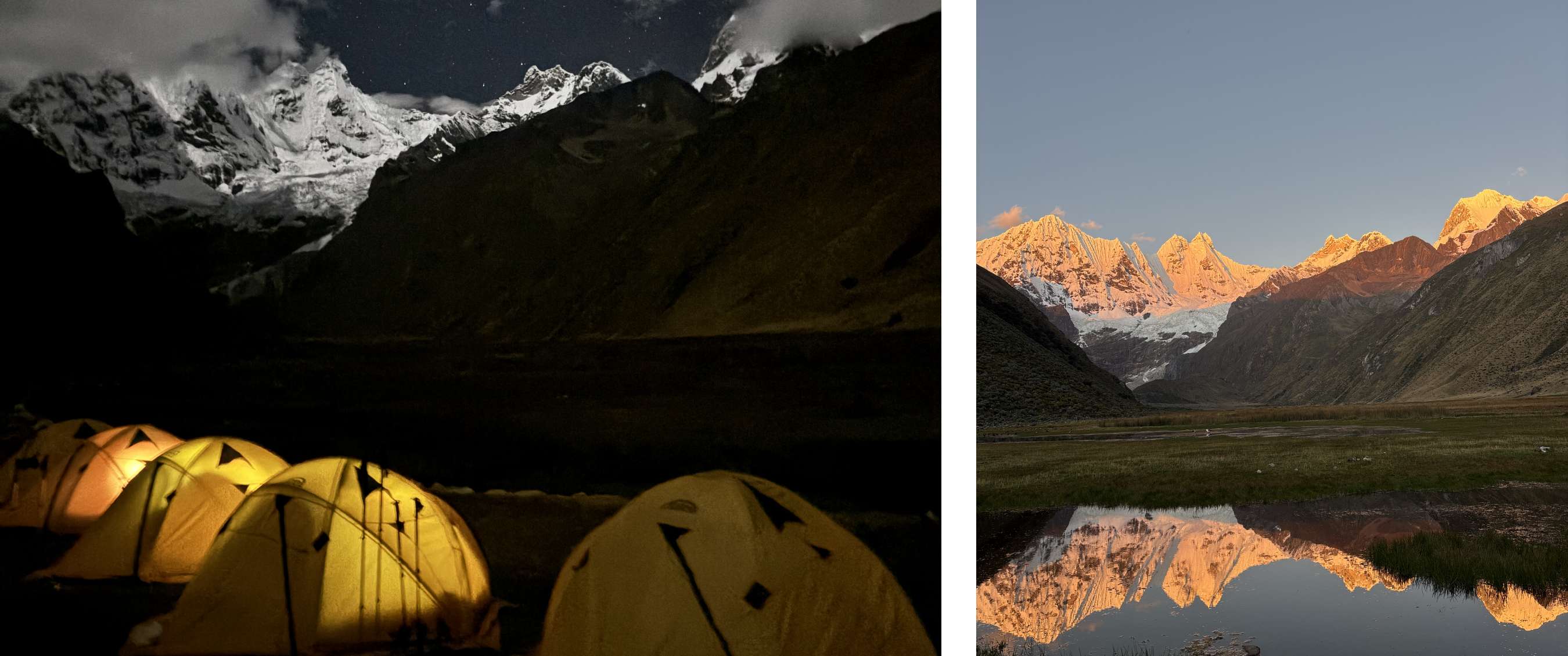 Deux images : tentes jaunes la nuit sous un ciel étoilé — sommets enneigés éclairés par la lumière orangée du matin, reflétés dans l’eau.