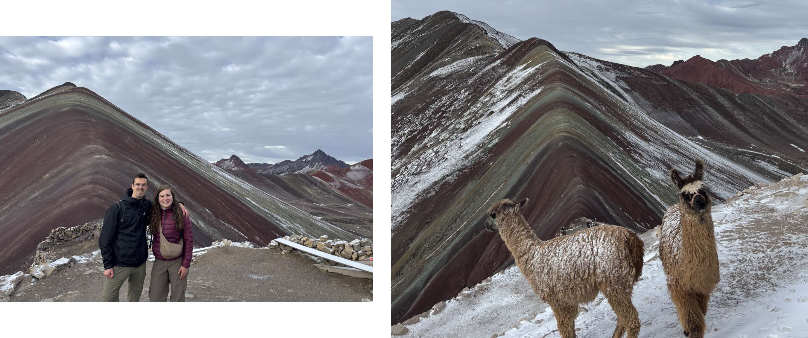 Deux images : voyageurs posant devant les montagnes multicolores ; deux lamas sur le sentier avec les pentes enneigées en arrière-plan.