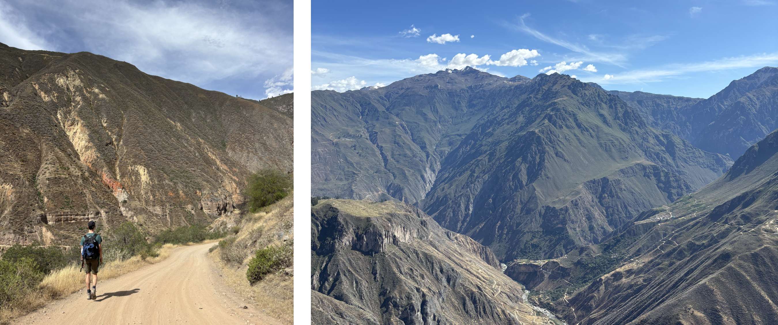 Deux images : randonneur sur un sentier poussiéreux — vue sur un profond canyon verdoyant sous un ciel bleu.