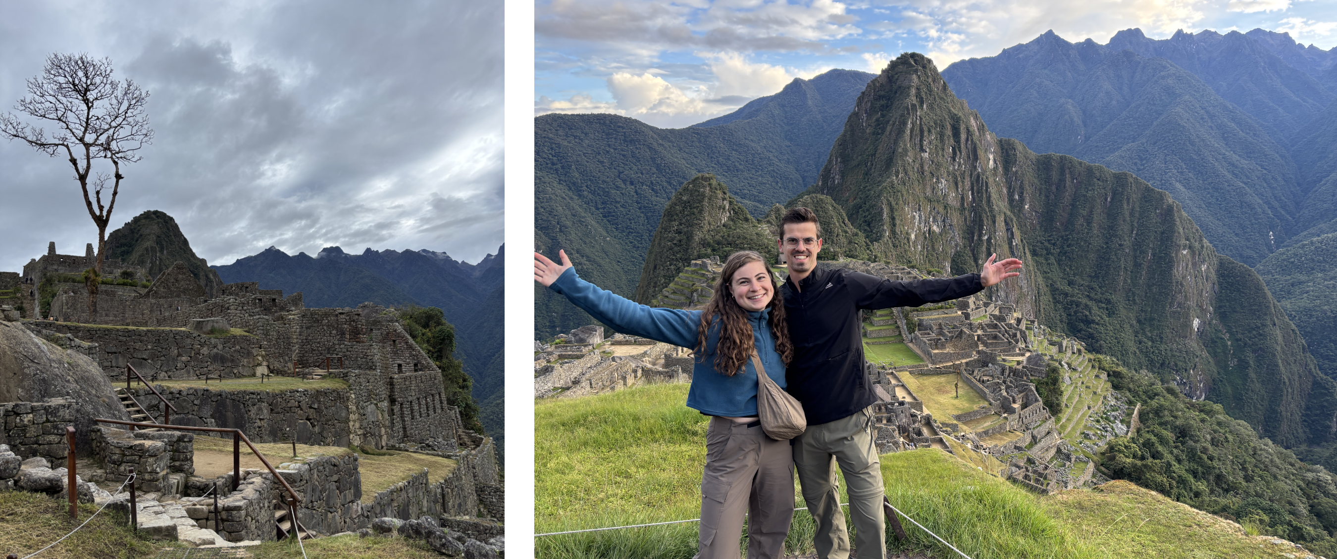 Deux images : ruines en pierre de Machu Picchu sous un ciel nuageux — couple posant les bras ouverts au-dessus de la cité inca entourée de montagnes vertes.