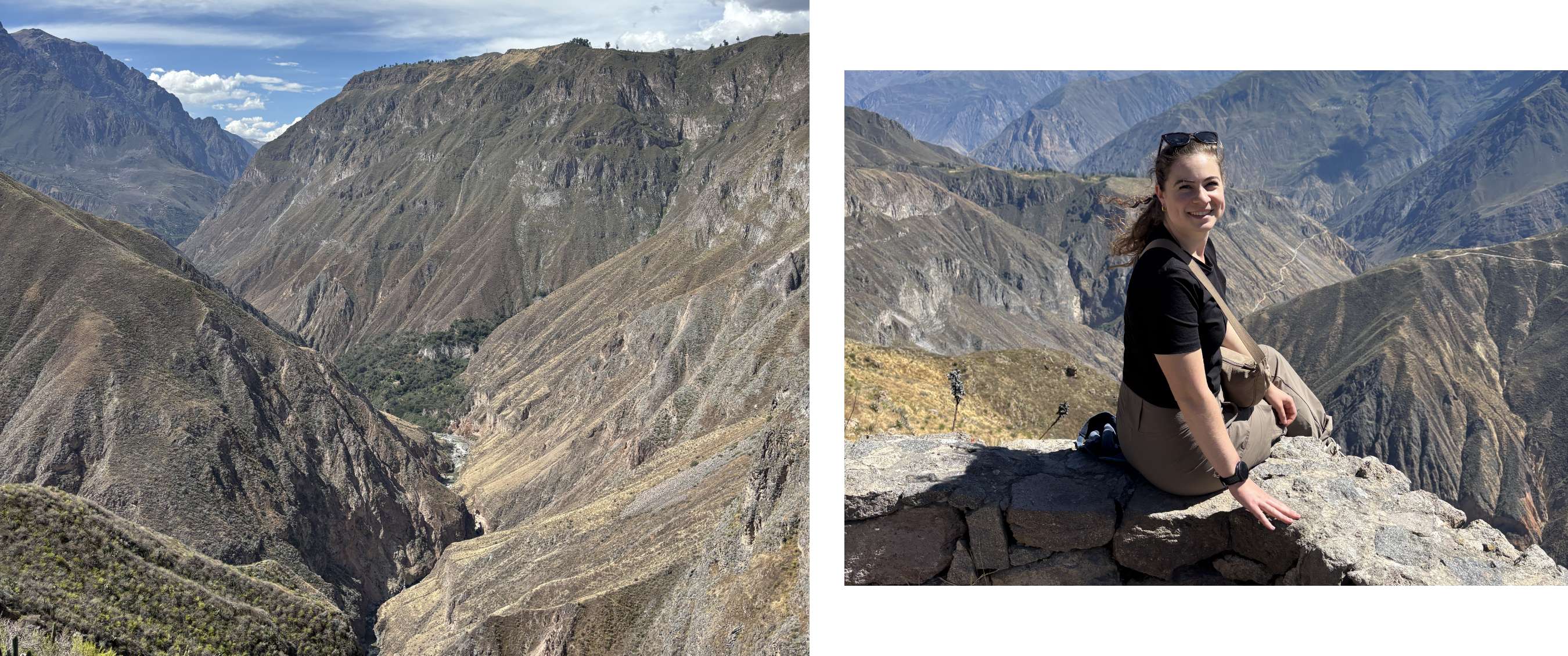 Deux images : vue sur des parois abruptes d’un canyon — personne assise sur un rocher surplombant la vallée.