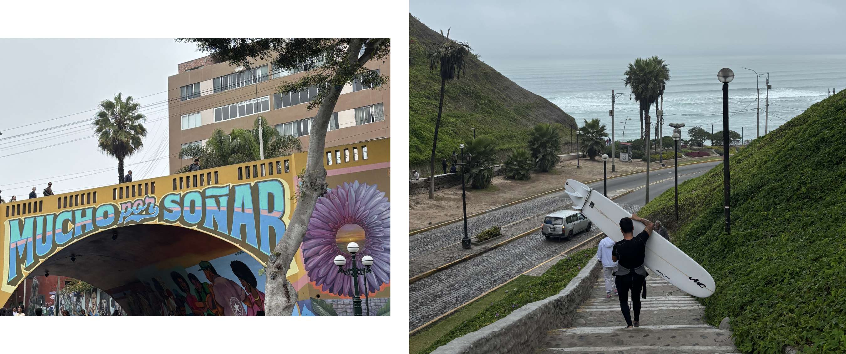 Deux images : fresque murale colorée avec le texte “Mucho por soñar” ; surfeur portant sa planche en marchant vers la mer le long d’une route côtière.