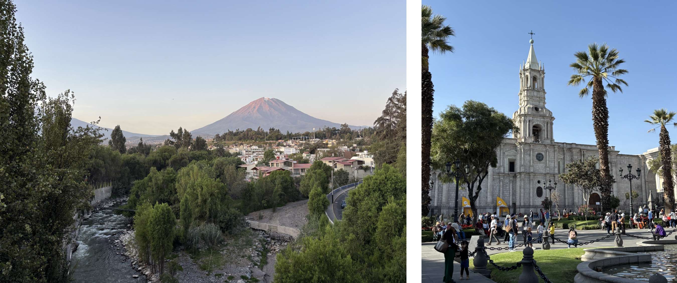 Deux images : vue sur une ville avec un volcan en arrière-plan ; place avec cathédrale et palmiers par temps clair.