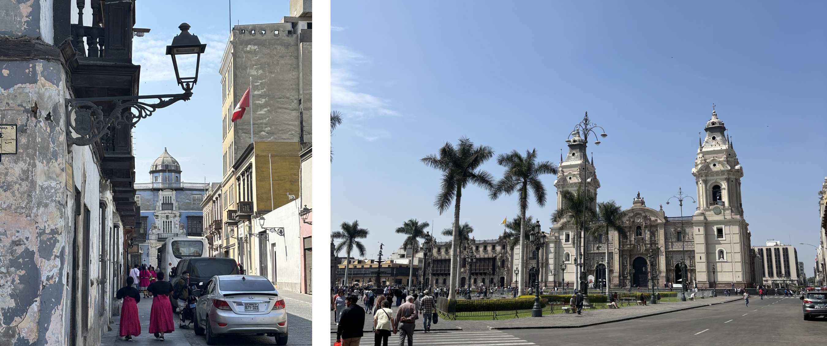 Deux images : ruelle étroite bordée de bâtiments historiques et drapeau péruvien ; place animée avec cathédrale et palmiers.