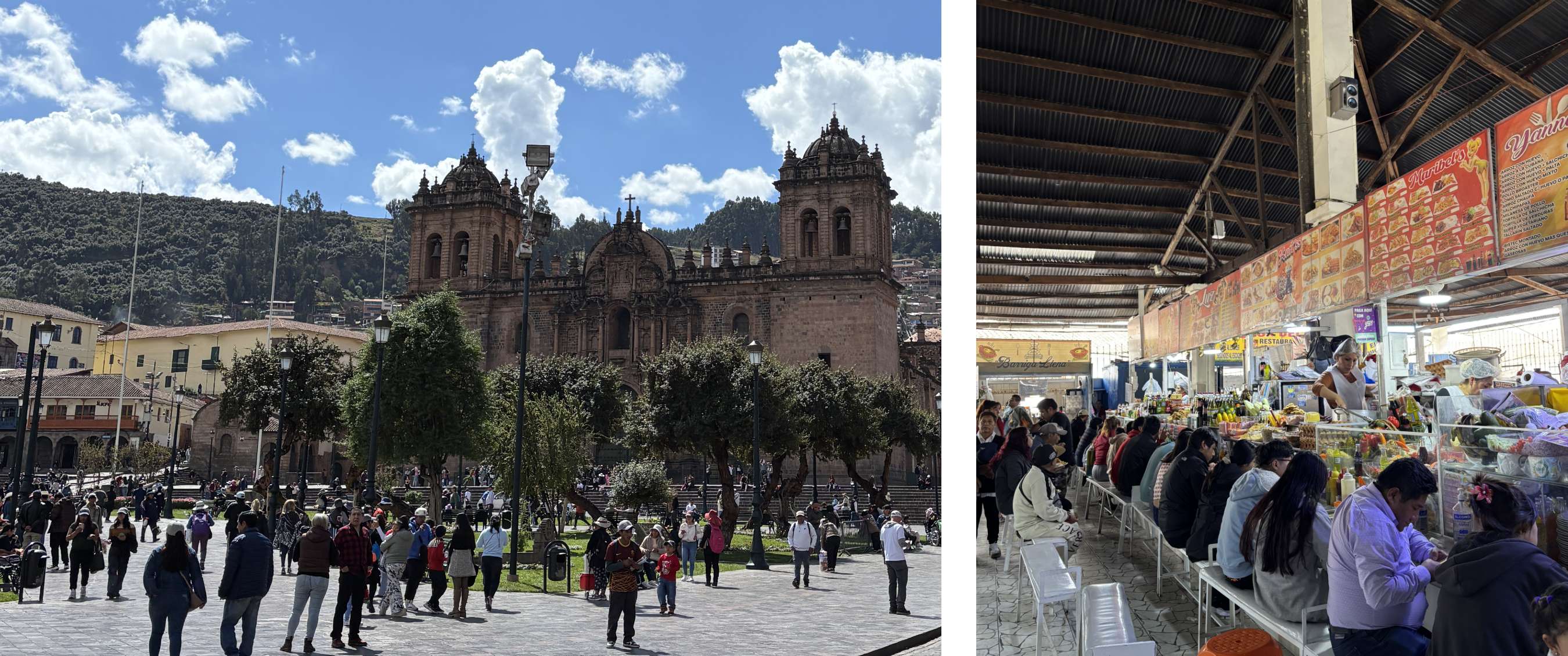 Deux images : place animée avec ancienne église et collines — marché couvert avec stands alimentaires et visiteurs.