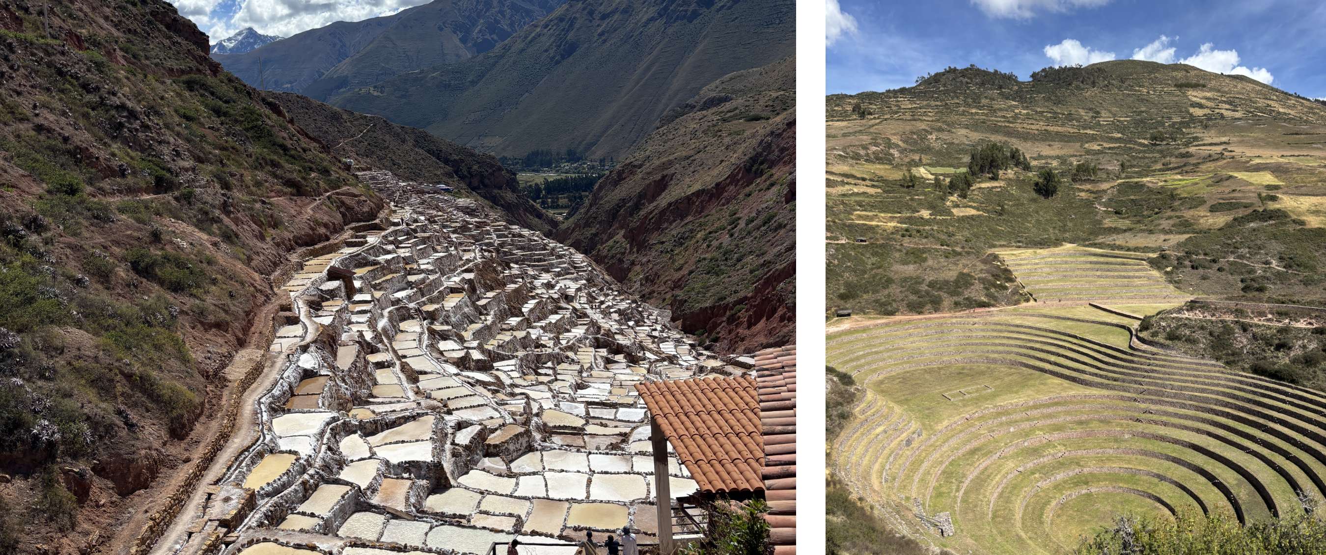Deux images : terrasses de sel blanches dans une vallée — terrasses agricoles concentriques sur collines vertes.