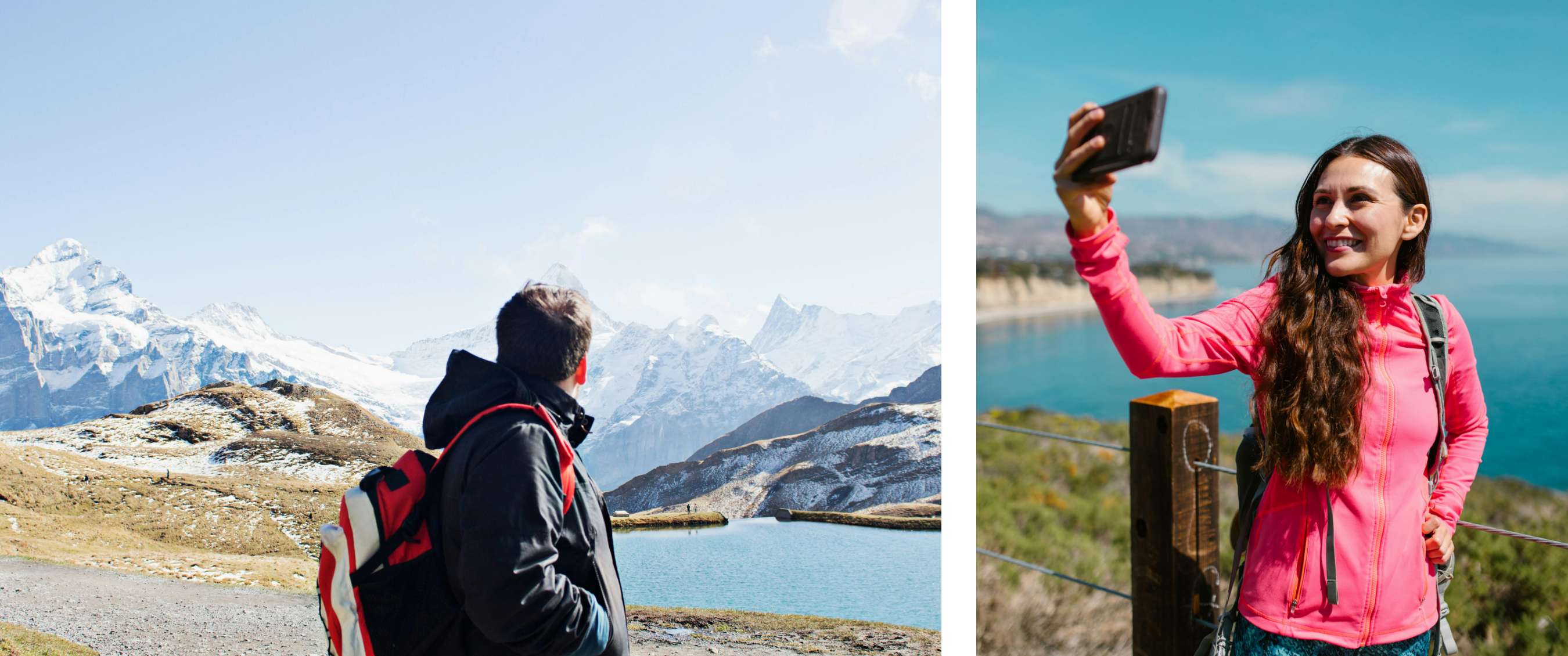 Twee beelden: wandelaar met rugzak kijkt uit over een bergmeer en besneeuwde toppen; persoon in outdoorjas maakt een selfie met zee en kust op de achtergrond.