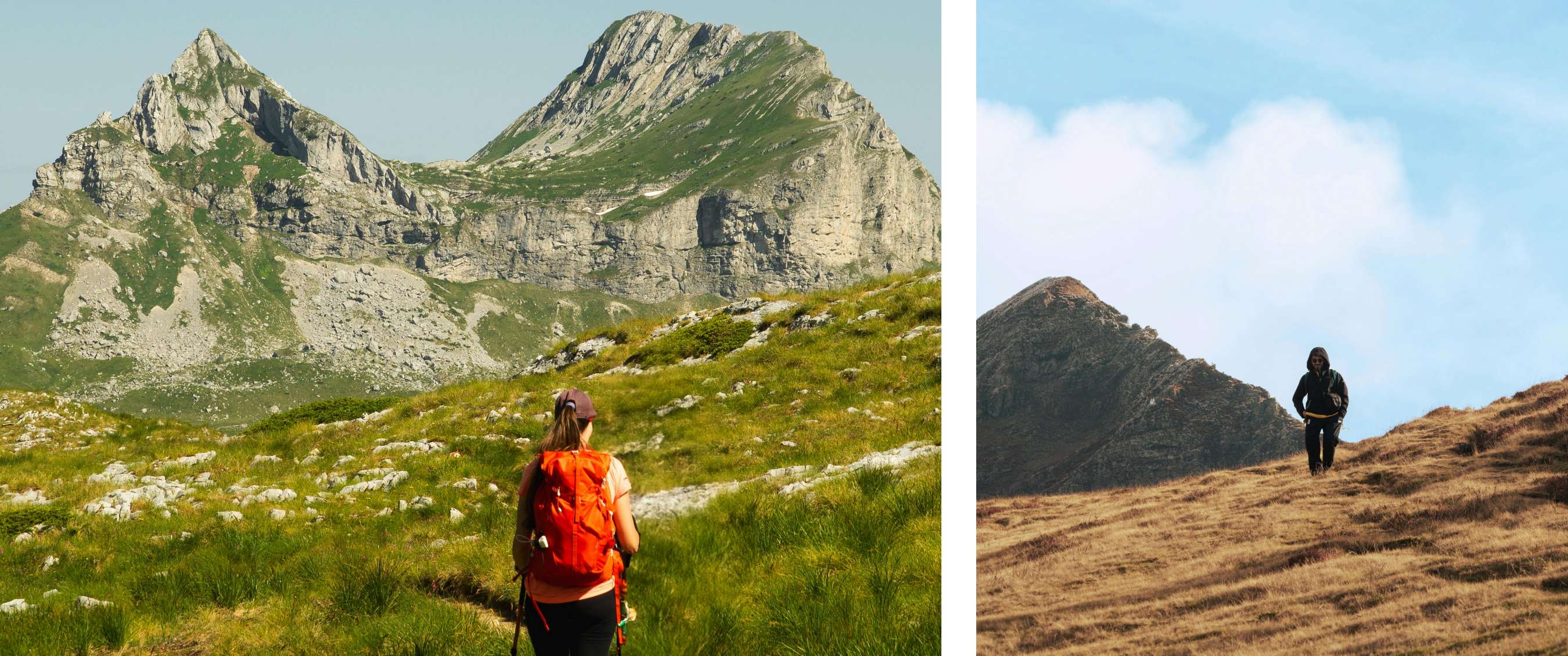 Twee beelden: wandelaar met rugzak in groen berglandschap met rotsachtige toppen; wandelaar alleen op droge heuvel met berg op de achtergrond.
