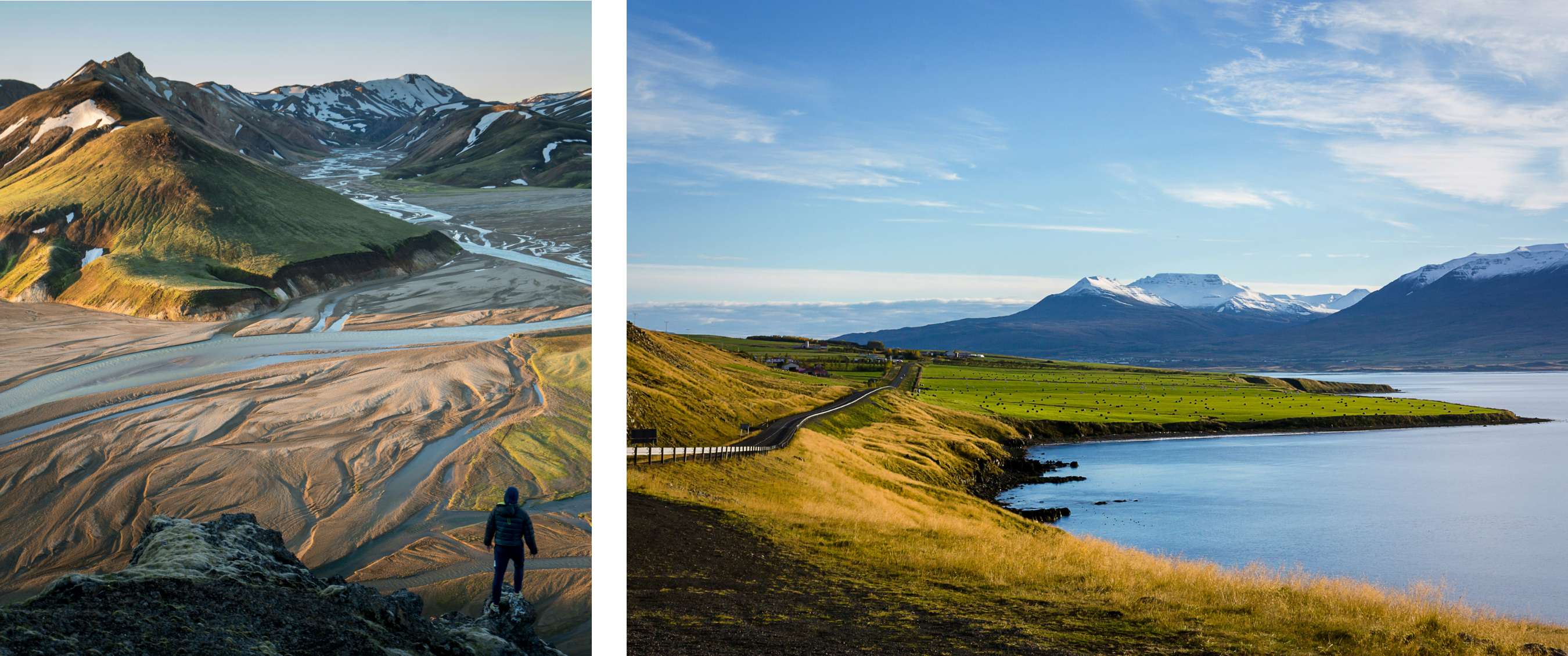 Twee beelden: wandelaar op uitkijkpunt over uitgestrekt berg- en rivierlandschap; open kustgebied met graslanden, water en bergen op de achtergrond.