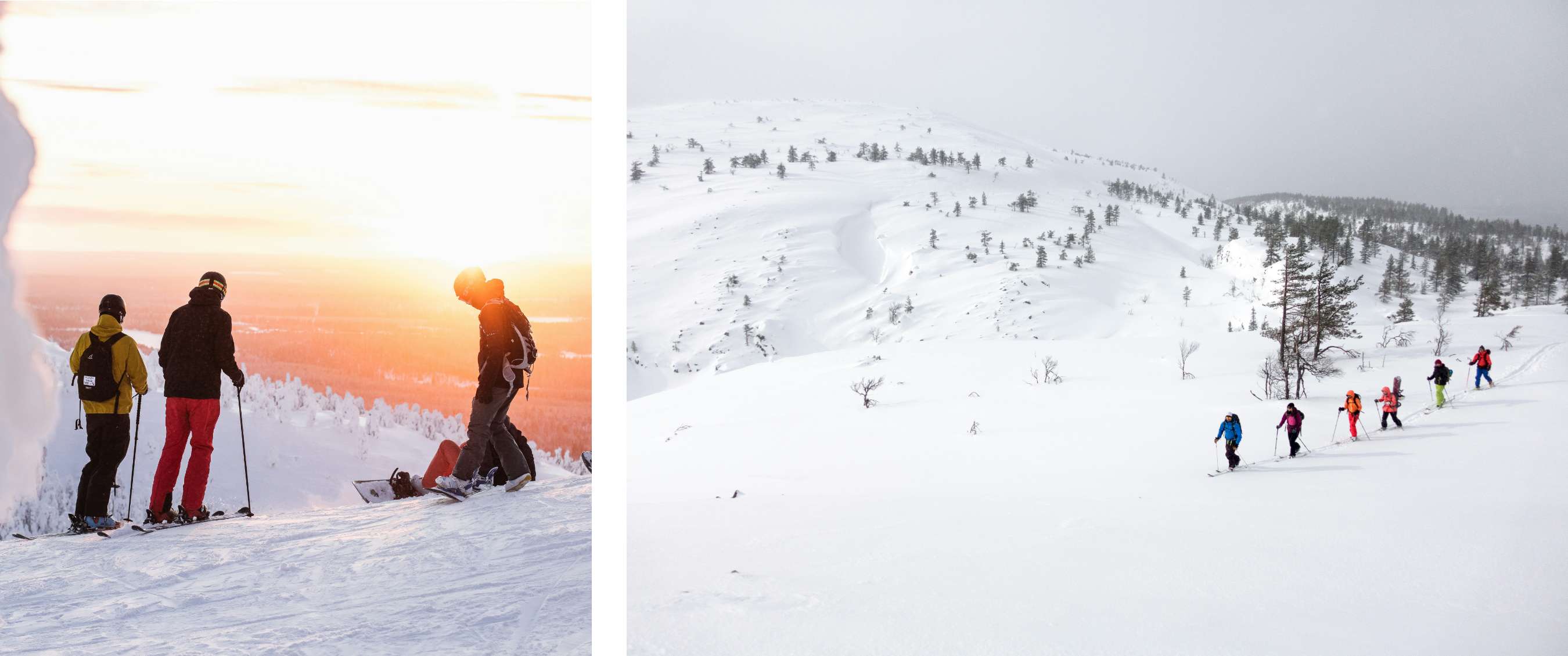 Twee beelden: wintersporters met ski’s op een besneeuwde bergtop bij zonsondergang; groep skiërs die door een uitgestrekt sneeuwlandschap trekt.