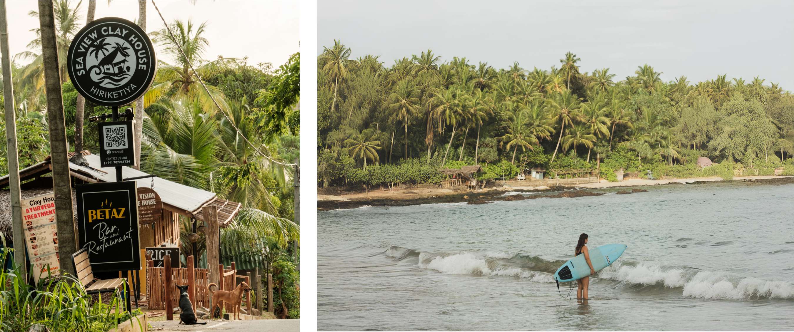 Twee beelden: borden voor Sea View Clay House en BETAZ Bar and Restaurant; surfer met plank in zee